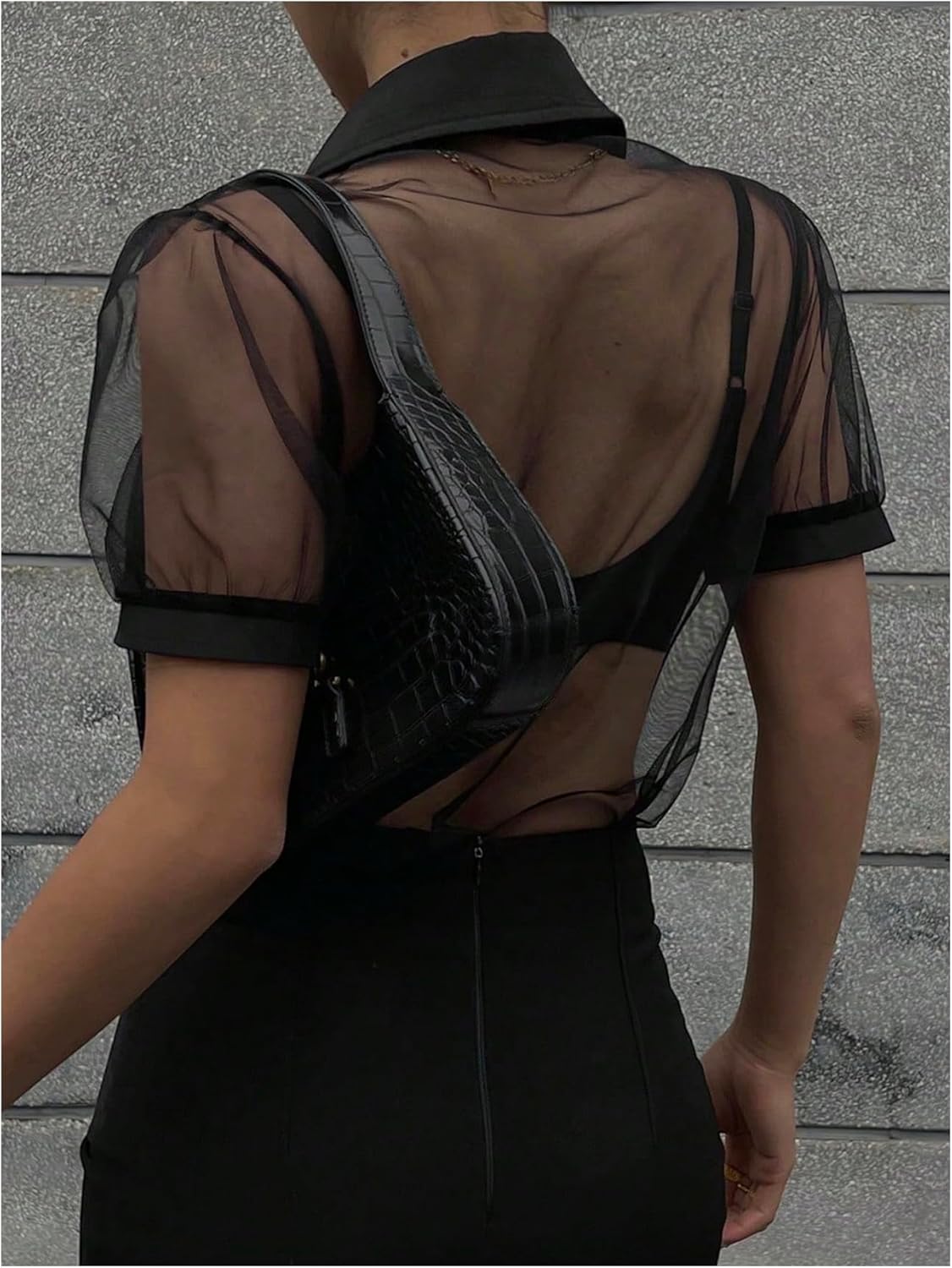 OYOANGLE Women's Sheer Button Up Blouse Puff Short Sleeve See Through Shirts Top Clubwear - Image 3