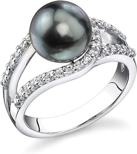 Anillo de perlas cultivadas en el mar del Sur de Tahití para mujer anillo Tessa en negro con plata de ley y cristales - The Pearl Source