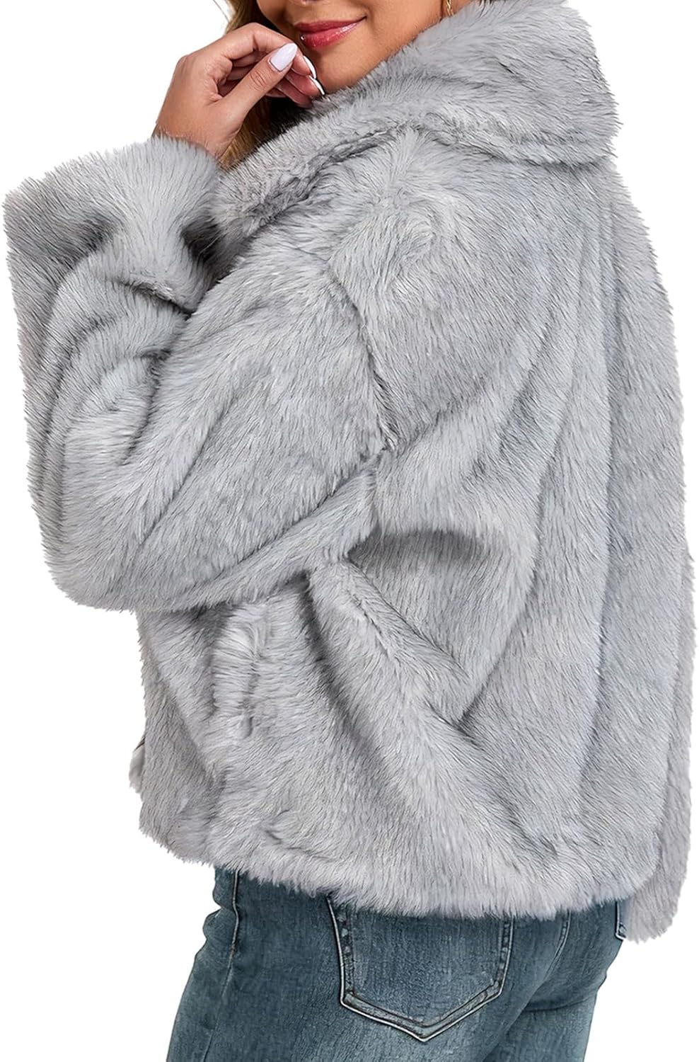 Oymyakon Women Faux Fur Coat Long Sleeve Fluffy Lapel Furry Jackets Winter Shaggy Open Front Short Outerwear - Image 5