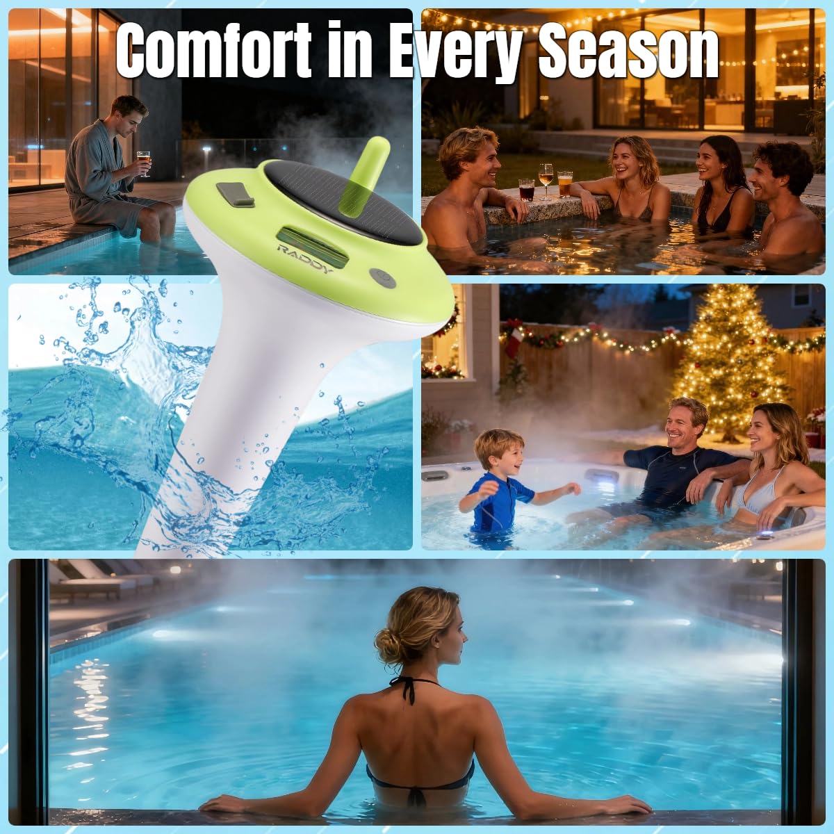 Raddy PT-5 TN Termómetro Inalámbrico para Piscina Flotante, IPX8, Resistente al Agua, Solar y Batería, Termómetro Digital con Temperatura Interior / Exterior y Humedad para Piscina, Jacuzzi, Estanque