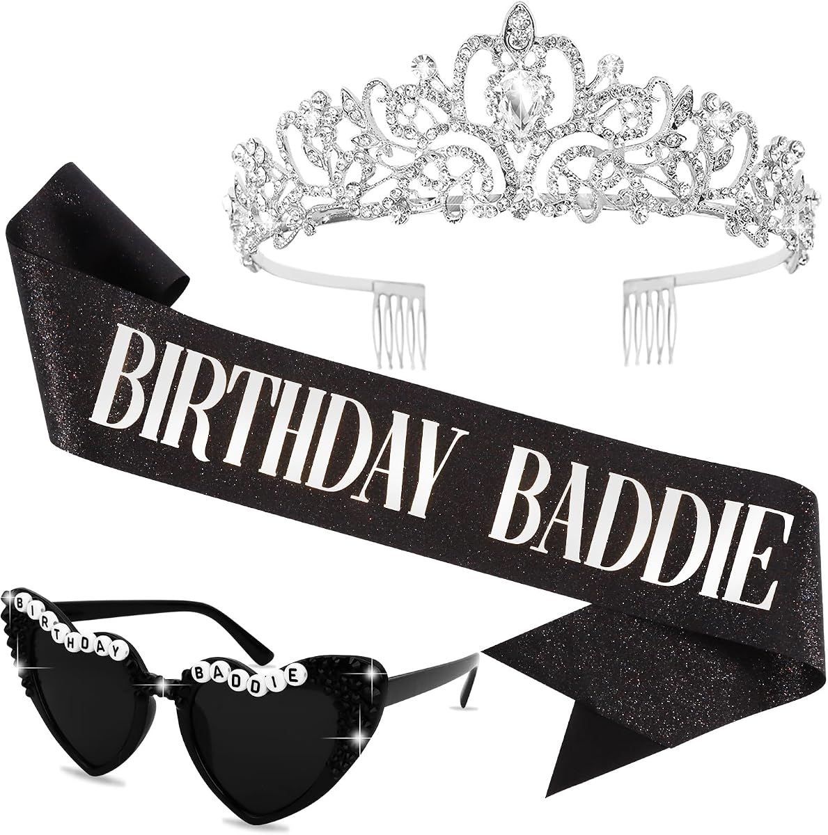 KICOSY 3PCS Birthday Baddie Sash, Crystal Crown and Sunglasses Funny Baddie Outfits Birthday Party Accessories