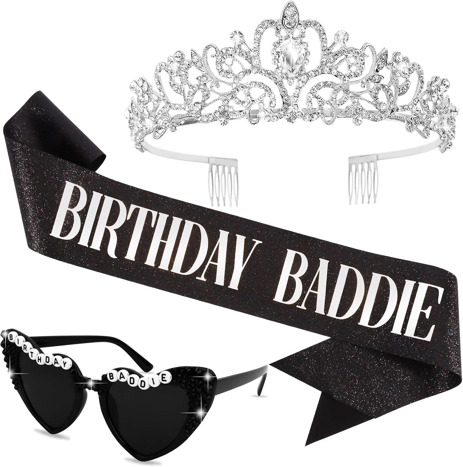 KICOSY 3PCS Birthday Baddie Sash, Crystal Crown and Sunglasses Funny Baddie Outfits Birthday Party Accessories