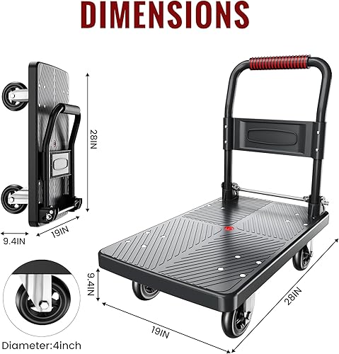 Miniatura 2 de Carrito de empuje plegable mejorado  Carro de mano con plataforma móvil de capacidad de 660 libras  Plegable para un fácil almacenamiento  Rueda