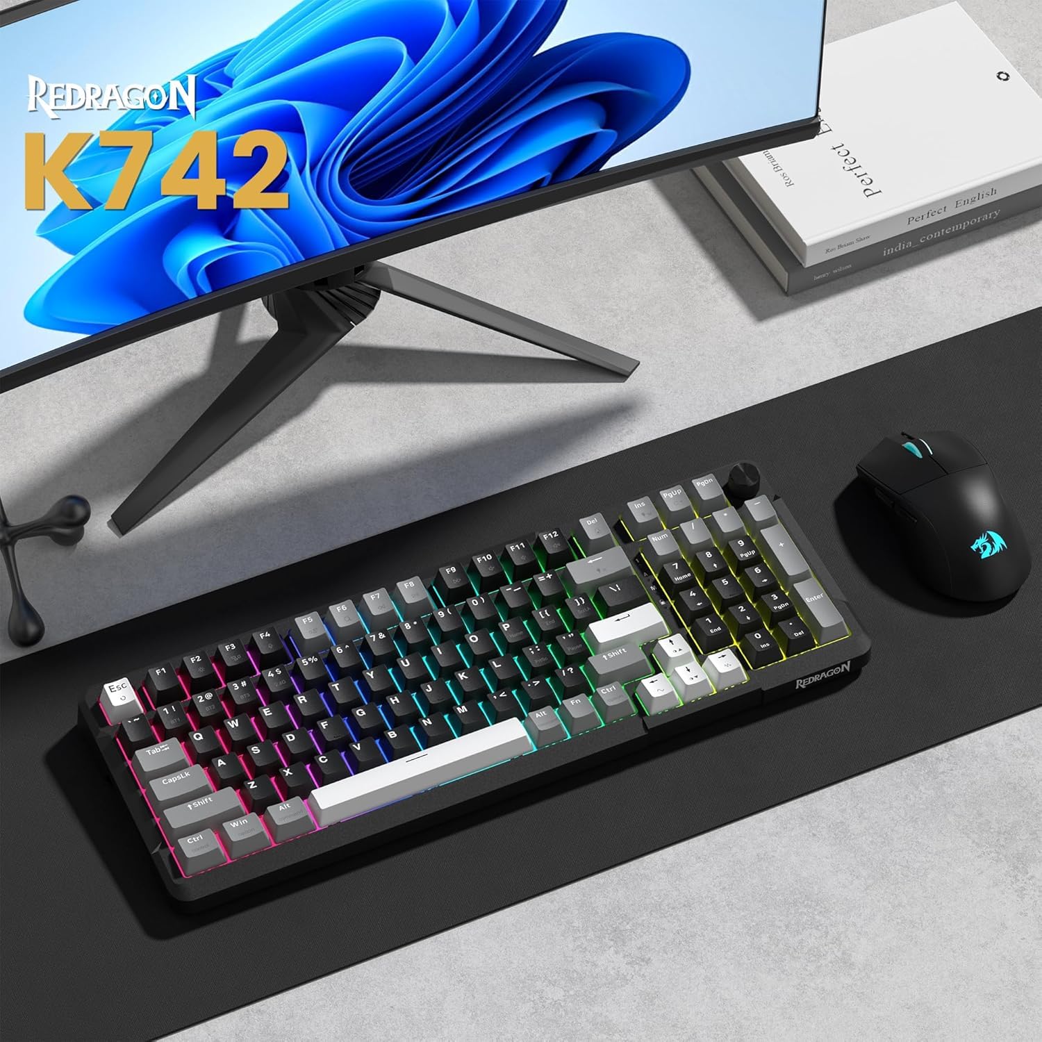 Redragon K742 Gasket Teclado Gaming Mecánico Inalámbrico, 2.4Ghz/BT/USB-C, Hot-Swappable, Iluminación RGB, Soporte de Software, 98 Teclas, Snap Tap, Espumas Absorbentes, para Win/PC/Mac