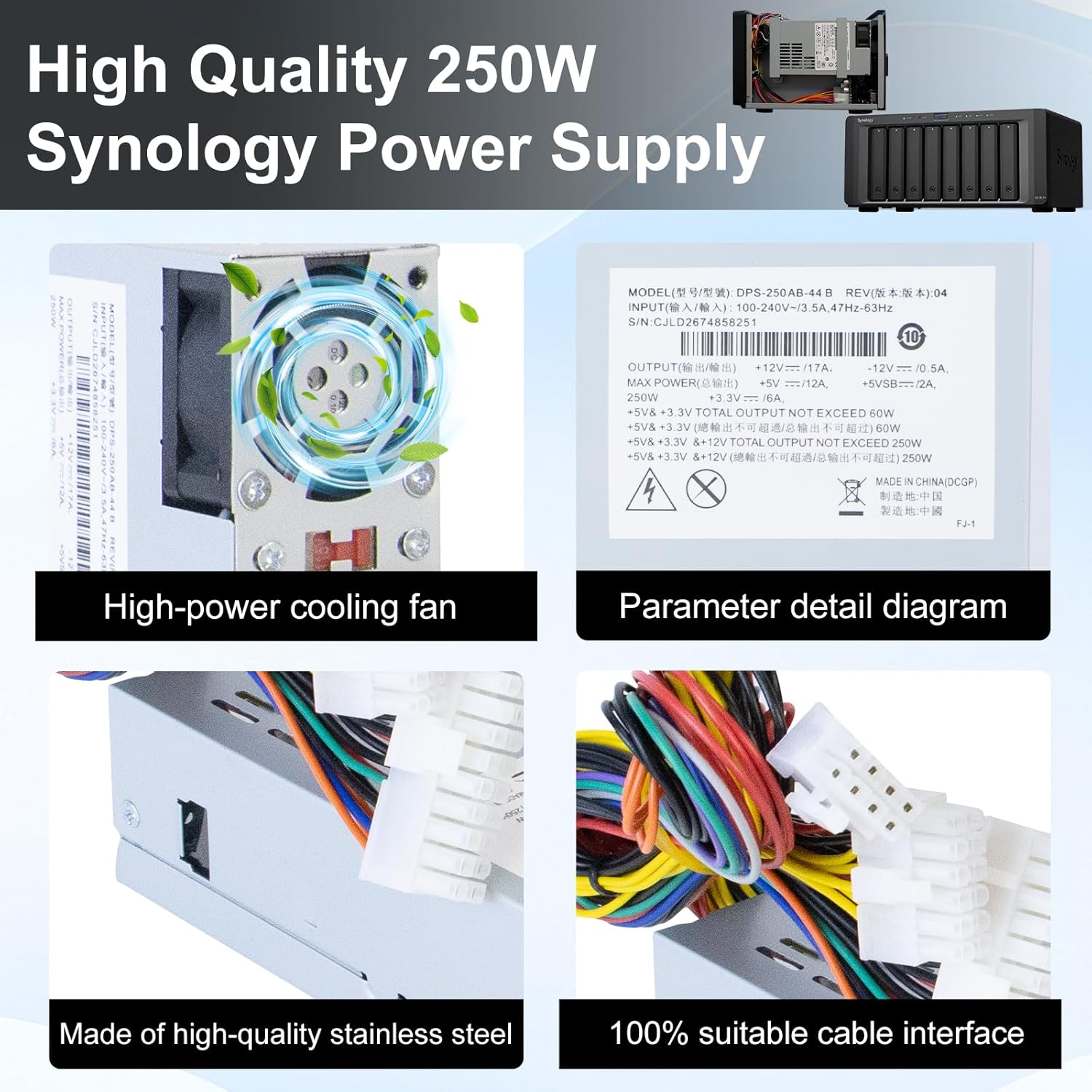 LXun Upgrade NEW 250W DPS-250AB-44B Power Supply Compatible with Synology DS1815+ 250W Power Supply DS1812+ DS1513+ DS1512+ DS1511+ DS1813+ DS1515+ RS814 +RS815 DS2015xs QNAP TS531 PowerSupply