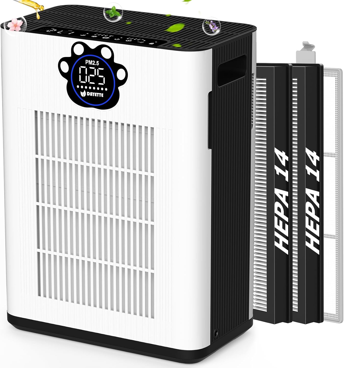 DAYETTEAir Purifiers for Home Large Room Up to 3400 Ft² with 2x H14 HEPA Filters, Double Air Inlet Air Cleaner with PM2.5 & TVOC Sensors, Pet Mode, Aromatherapy for Smoke Dust Pets Hair Odor, White