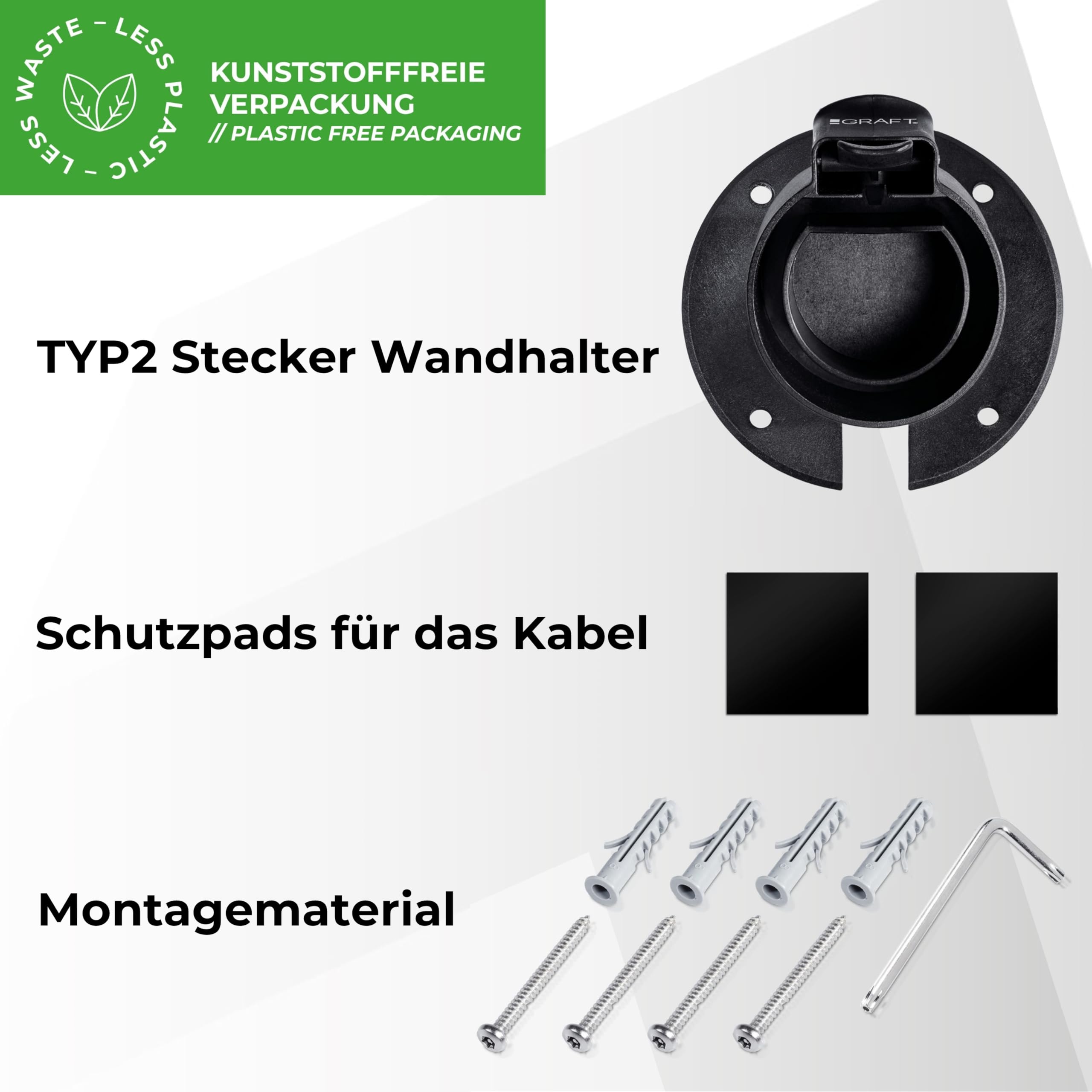 Graft Ladekabel Typ 2 Wandhalterung | Wandhalter für Elektroauto mit IEC 62196-2 Stecker | Zubehör für Type 2 Wallbox Ladestation inklusive Diebstahlsicherung für Kabel und Ladegerät