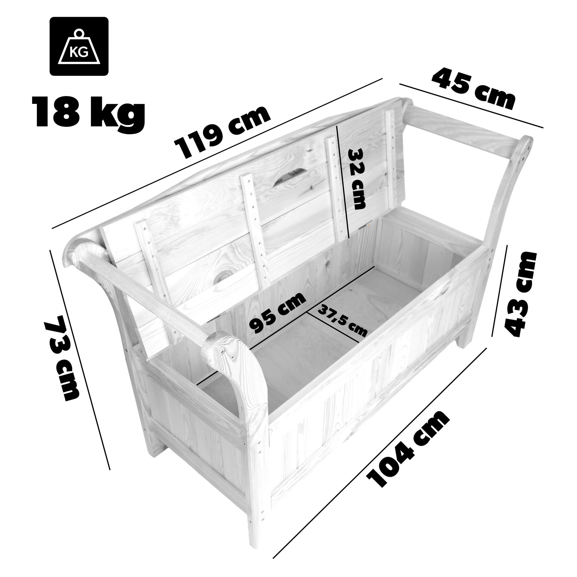 KADAX Gartenbank, 119x45x73 cm Banktruhe aus Einer Holzfaserplatte, Sitzbank mit Stauraum und Rücklehne, Holzbank für Garten, Balkon (119 cm/Weiß)