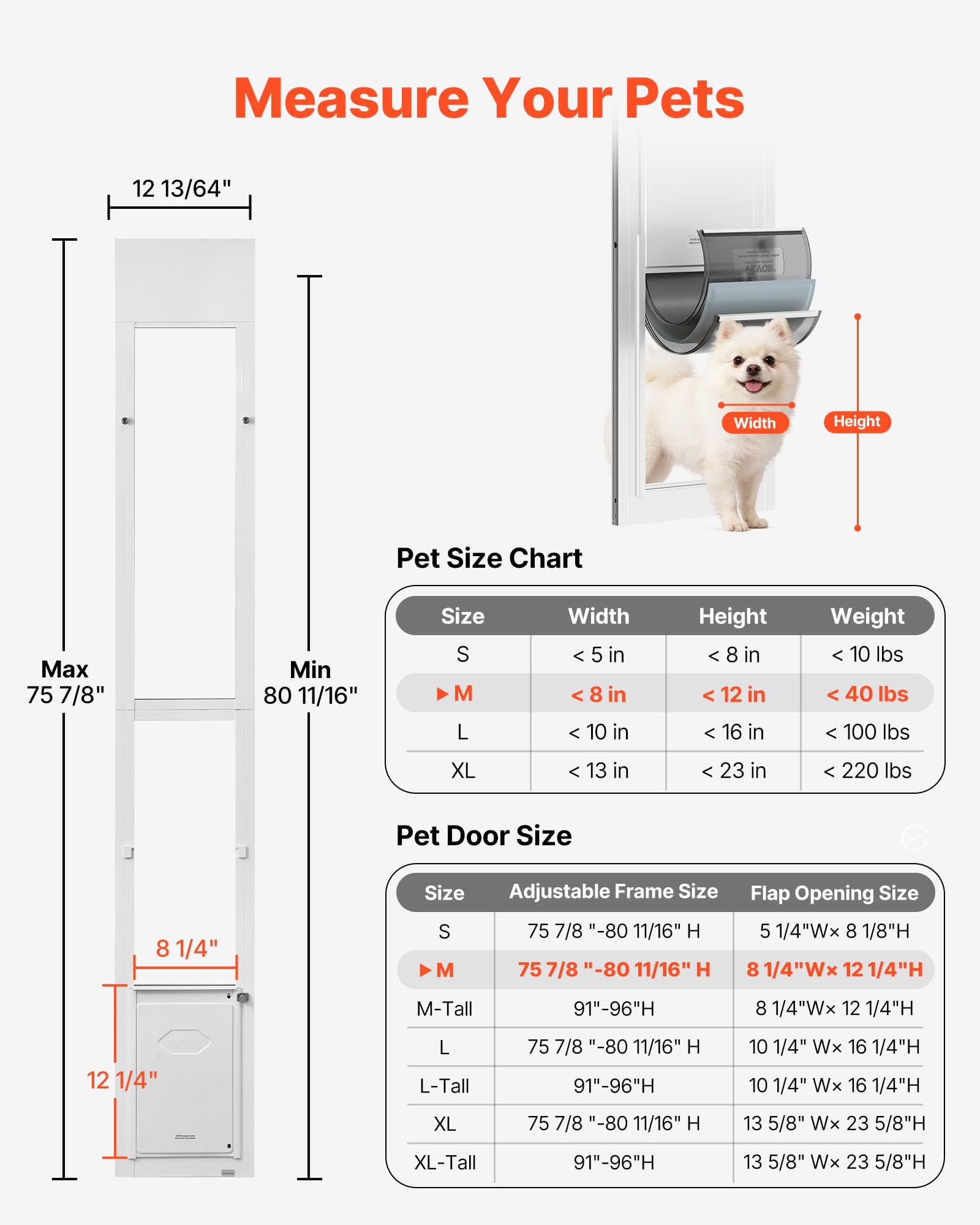 VEVOR Puerta Corrediza de Vidrio con Entrada para Perros, Altura Ajustable, Puerta para Mascota 21 x 31,1 cm de 3 Capas, Marco de Aluminio, Instalación sin taladrar, Compatible con Perros Medianos