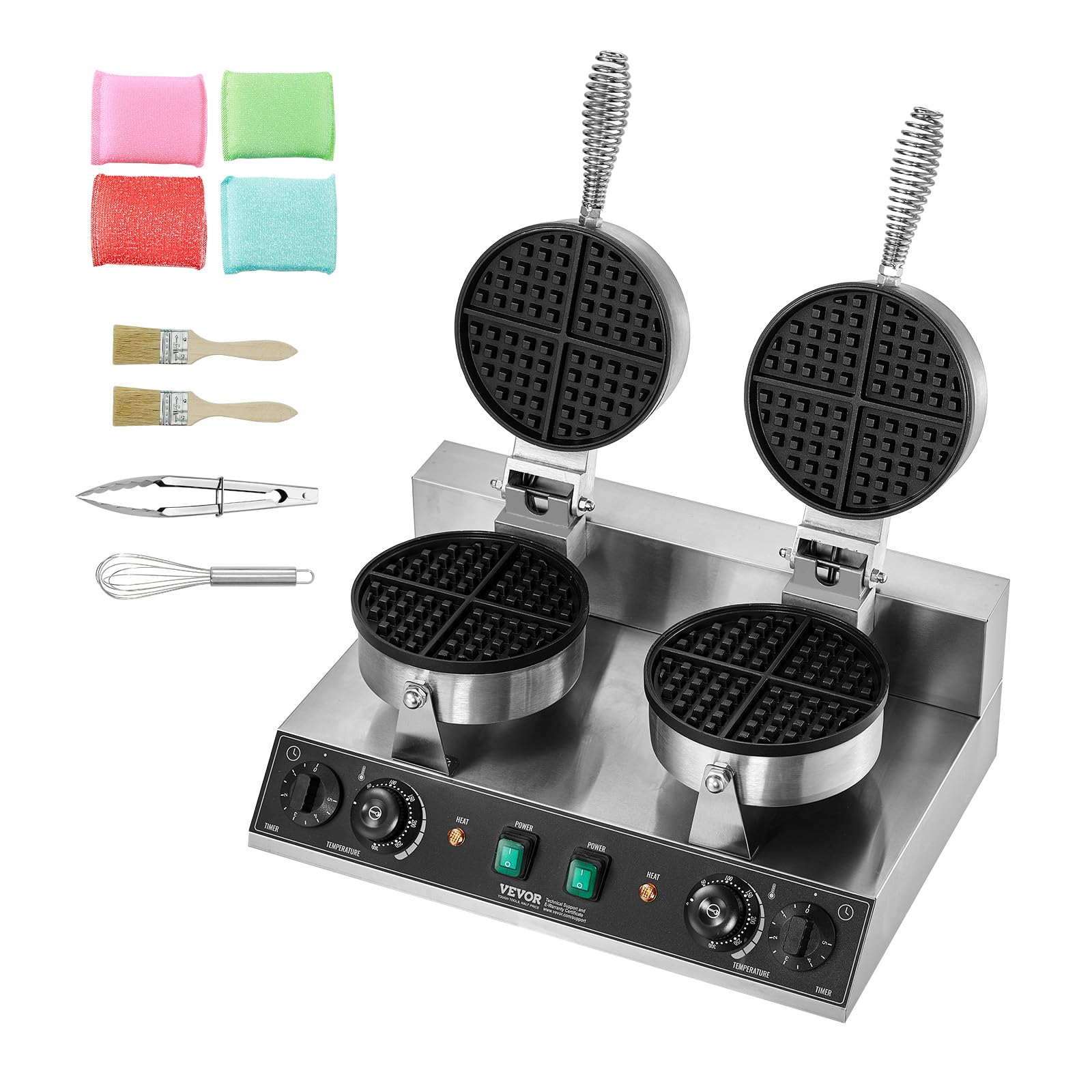 VEVOR Gaufrier Commercial 2460 W, Appareil à Gaufre Ronde à Double Tête, en Acier Inoxydable, Antiadhésif, avec Contrôle de la Température et du Temps, pour Restaurant Boulangerie Snack Bar Famille