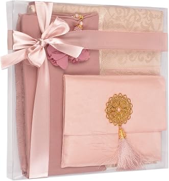 BABY SHOWER CHOCOLATE Prayer Rug Islamic Gift Set, Velvet Prayer Mat, Prayer Beads, Scarf and Yaseen Book, Perfect Family and Muslim Eid Gifts Pink
