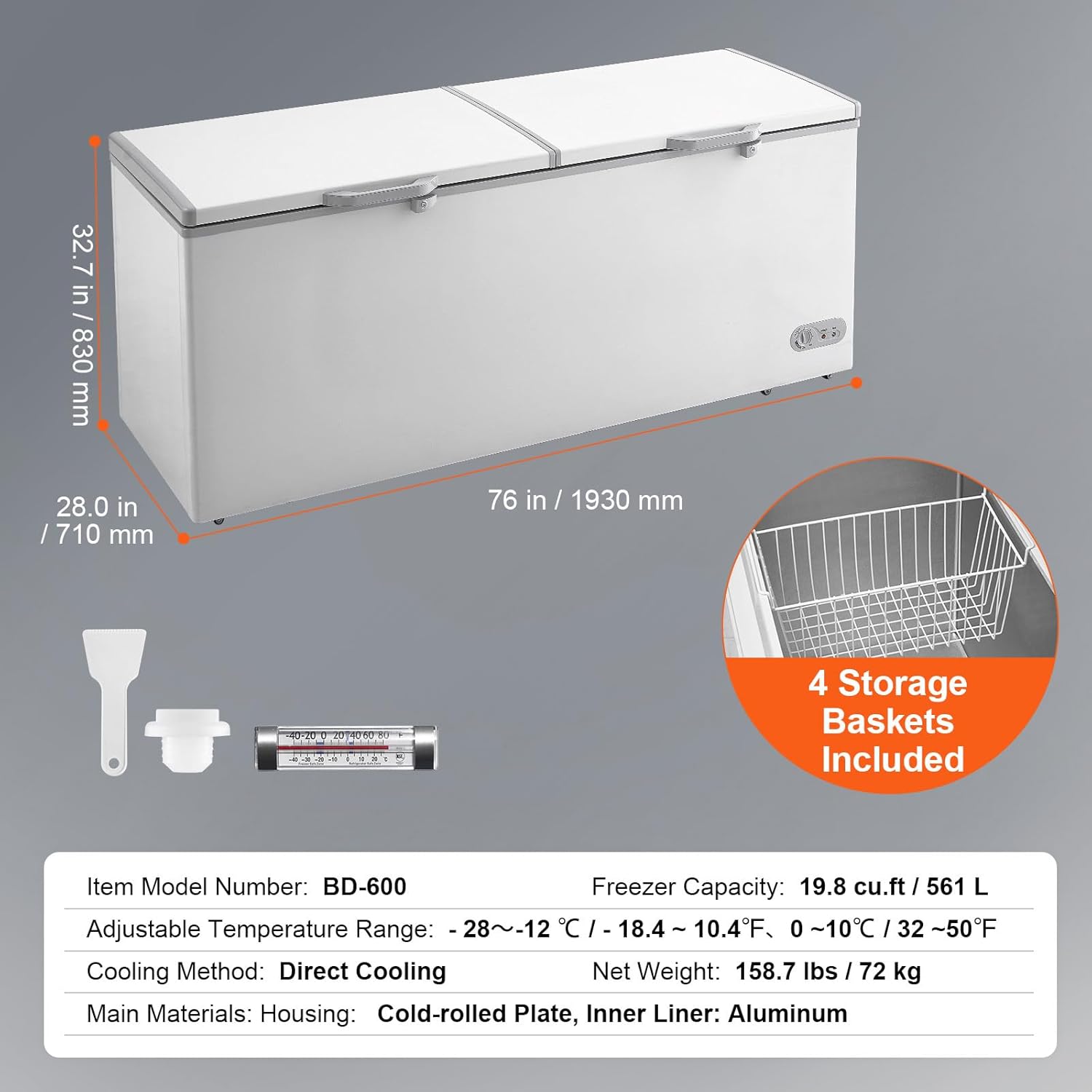 Happybuy Chest Freezer, 19.8 Cu.ft / 561 L Large Deep Freezer; Split Top Double Locking Lids; Freestanding, 4 Baskets, 7-Level Temp, LED Light, 6 Wheels