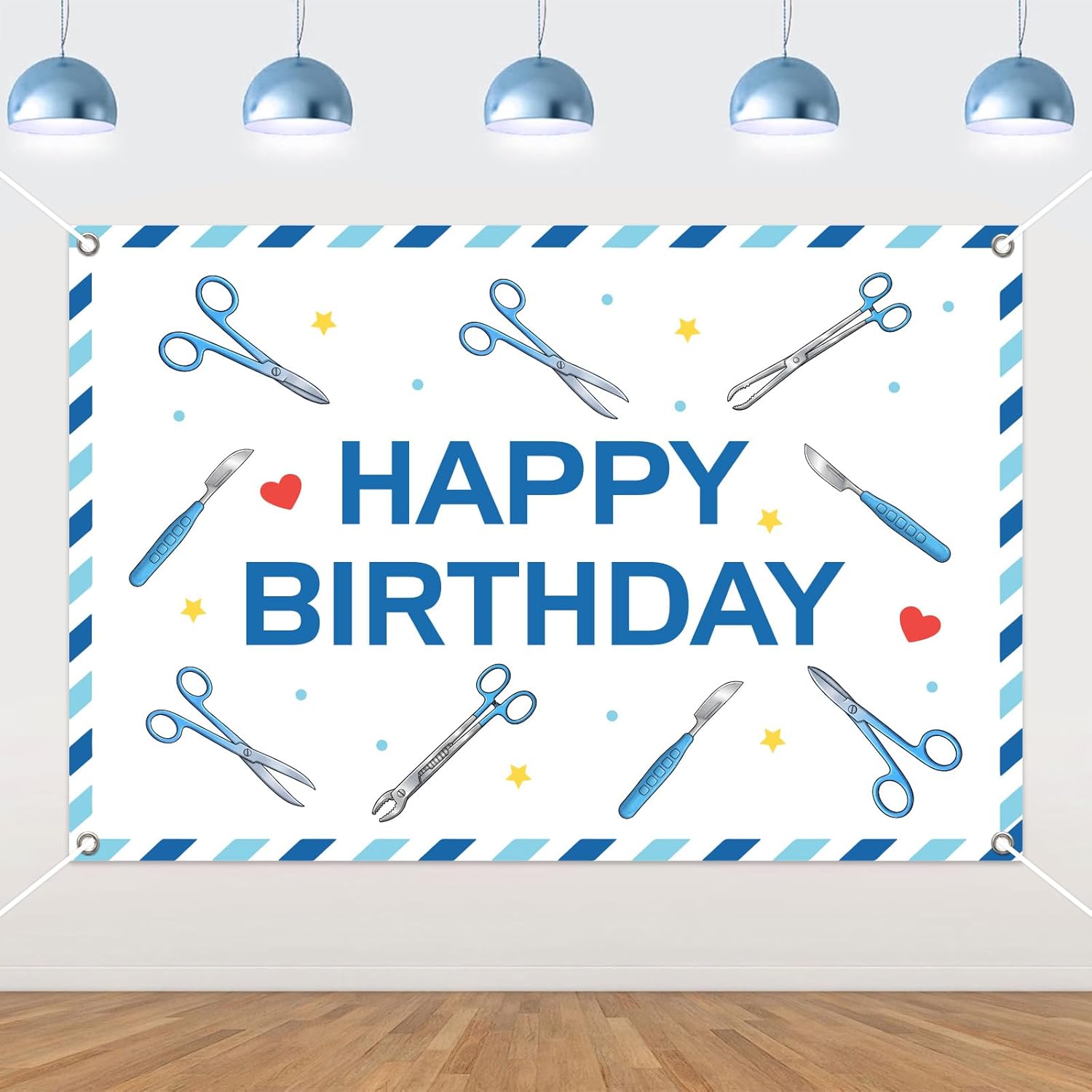 5x3ft Surgeon Happy Birthday Backdrop, Blue and White Surgical Tools Birthday Decorations for Doctor Nurse Medical Student Graduation Party Supplies or Healthcare Photography Background