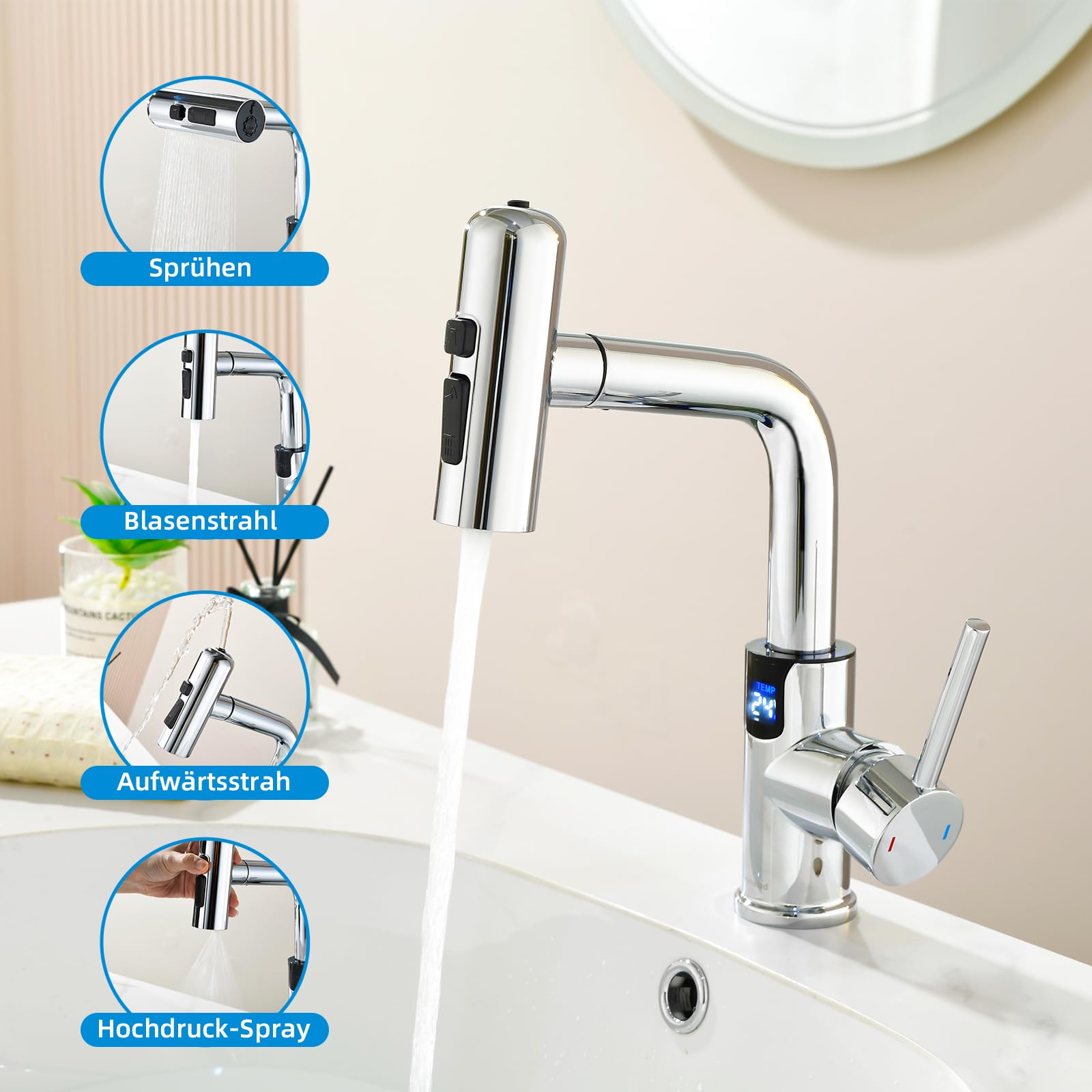 Rubinetto Bagno Lavabo Doccetta Estraibile Cromato LED Temperatura | Miscelatore Lavabo Bagno Mynaiad Monocomando con 4 Getti, Girevole 360°,Finitura Cromata Anti-impronte