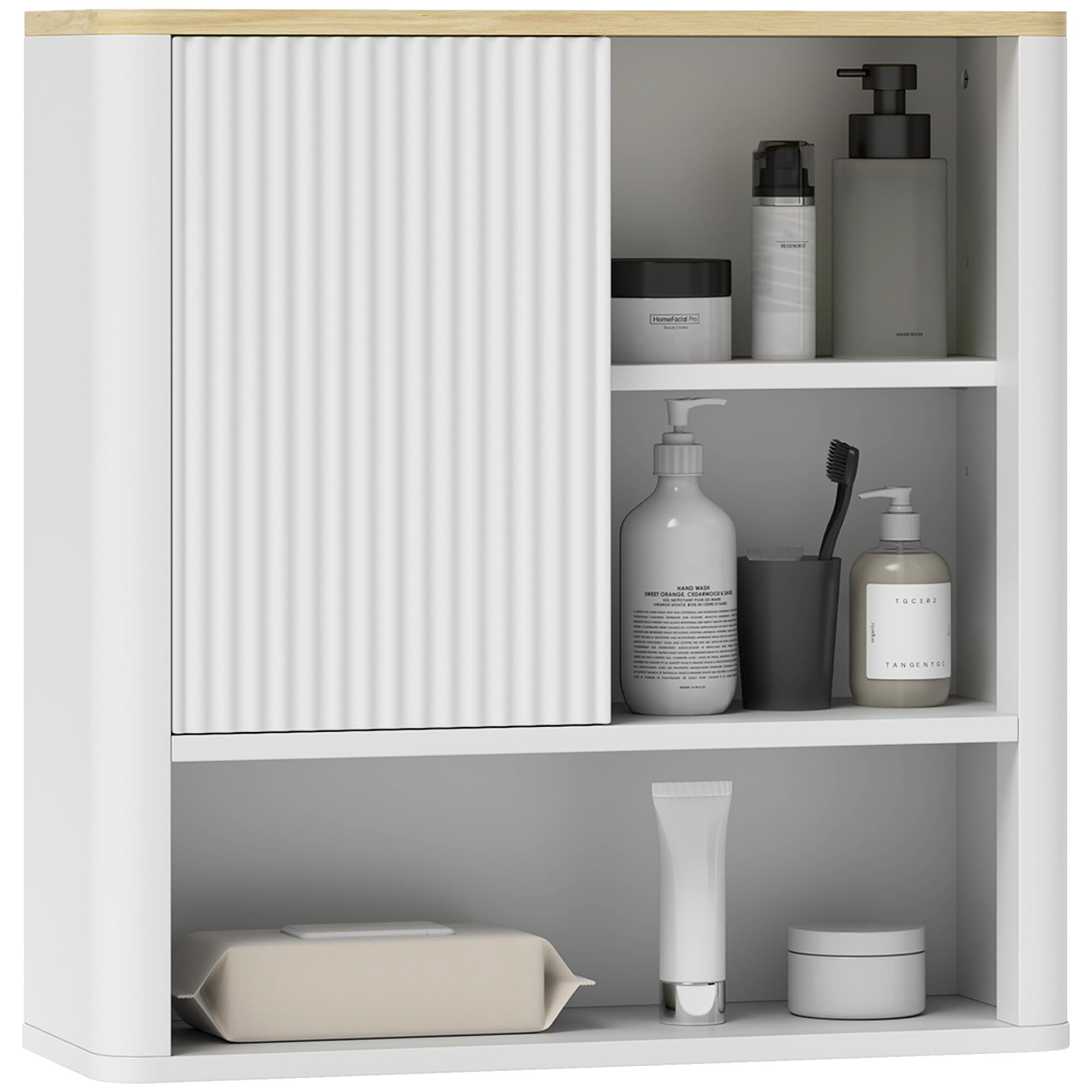HOMCOM Armario de Baño de Pared Mueble de Baño Colgar con Estantes Ajustables Puerta Corredera Compartimentos y Diseño con Perfil Curvo 60x20x62 cm Blanco