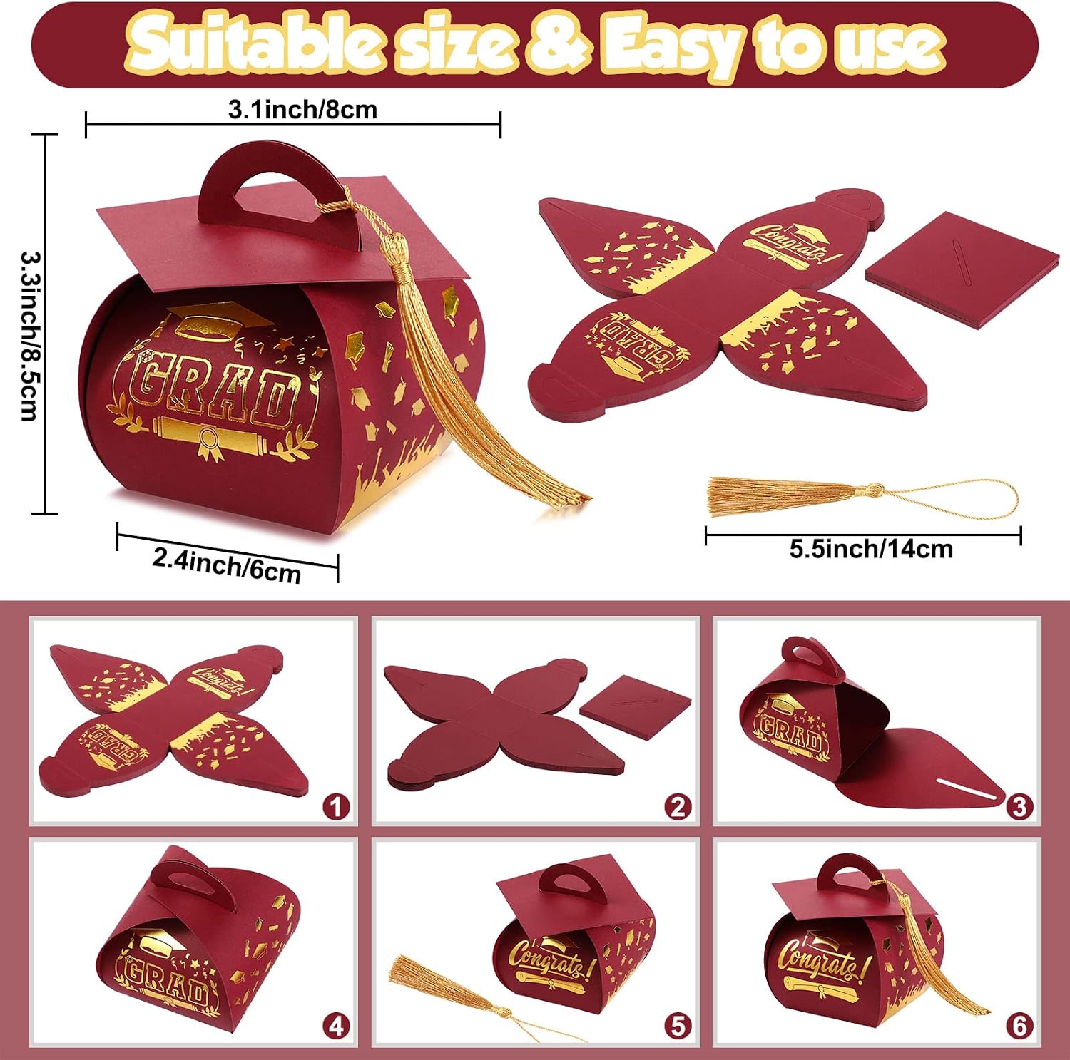 TaoBary 30 Pcs Graduation Cap Gift Boxes,2026 Grad Candy Boxes,Maroon Gold