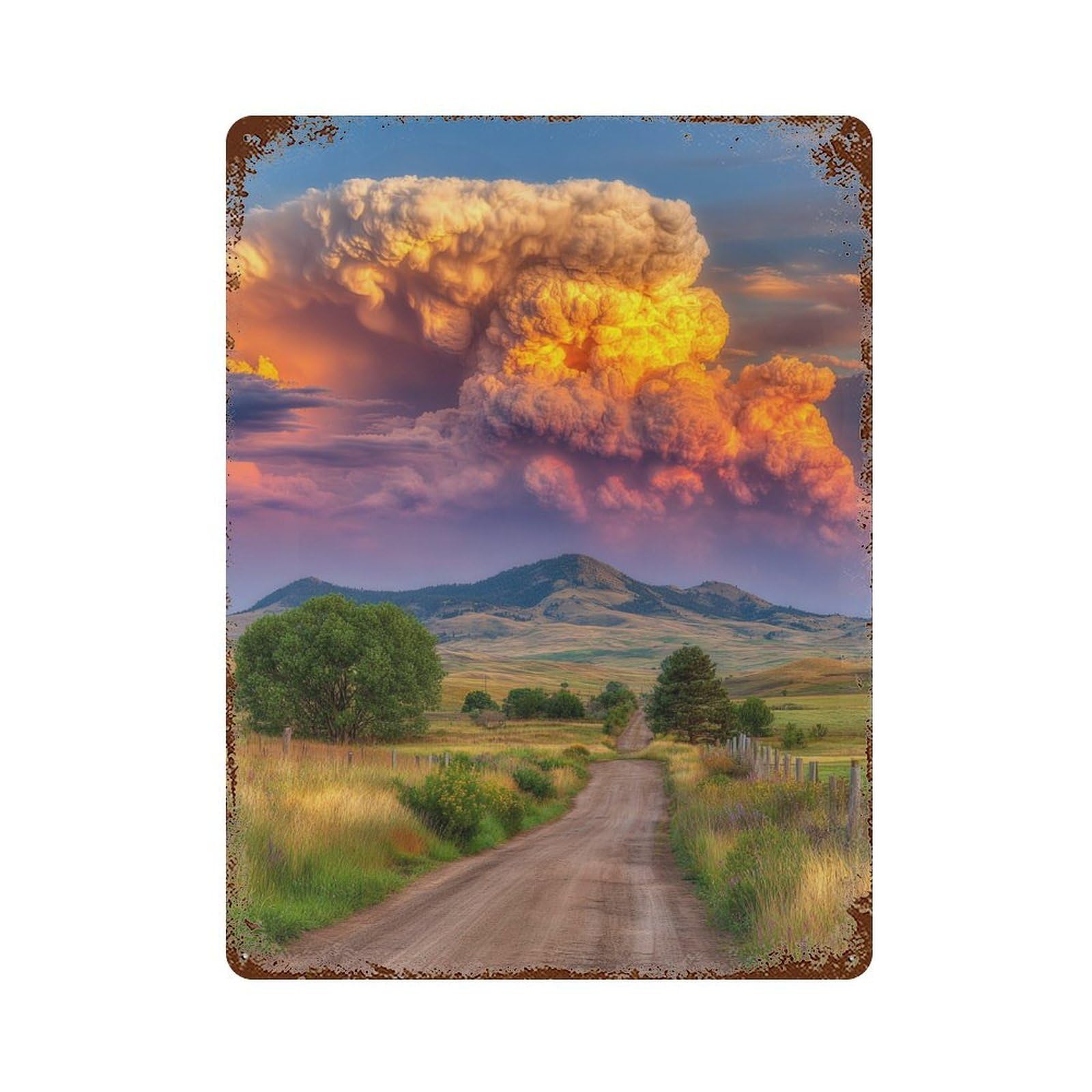 Rust Effect Volcano Eruption in Rural Area Rusty Metal Tin Sign 15.7"x11.8", Old School Wall Decor for Garage, Bar And Workshop Decor