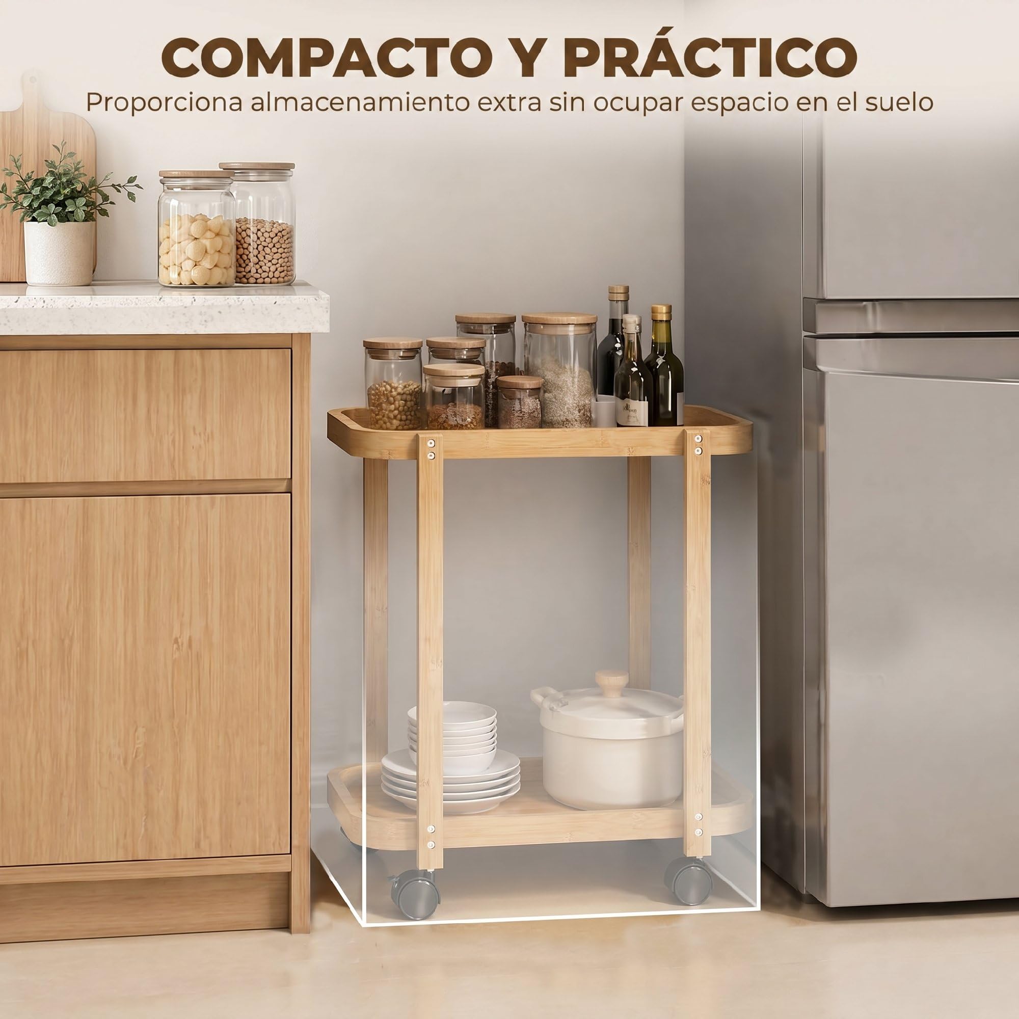 HOMCOM Carrito de Cocina de Bambú de 2 Niveles 54x36,5x60 cm Natural | Carrito Auxiliar de Cocina con Ruedas, 2 Estantes Abiertos, Diseño Curvo, para Comedor