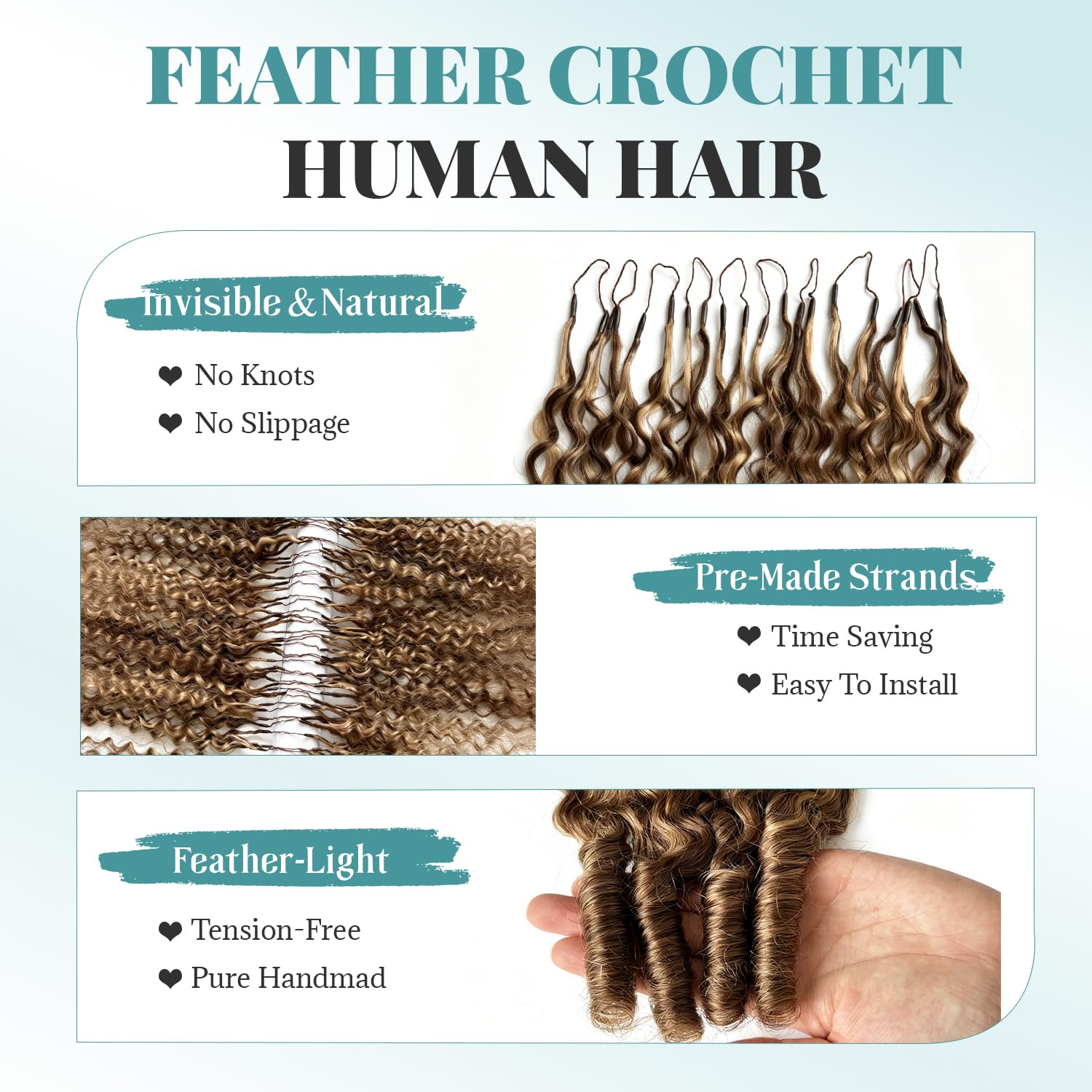 Feather Crochet Human Hair for Black Women Burmese Curly 50 Grams 16 Inch Ombre Brown 4/27 Human Crochet Hair Lightweight Invisible Miracle Knots Crochet Human Hair Bundles with Spiral Curl