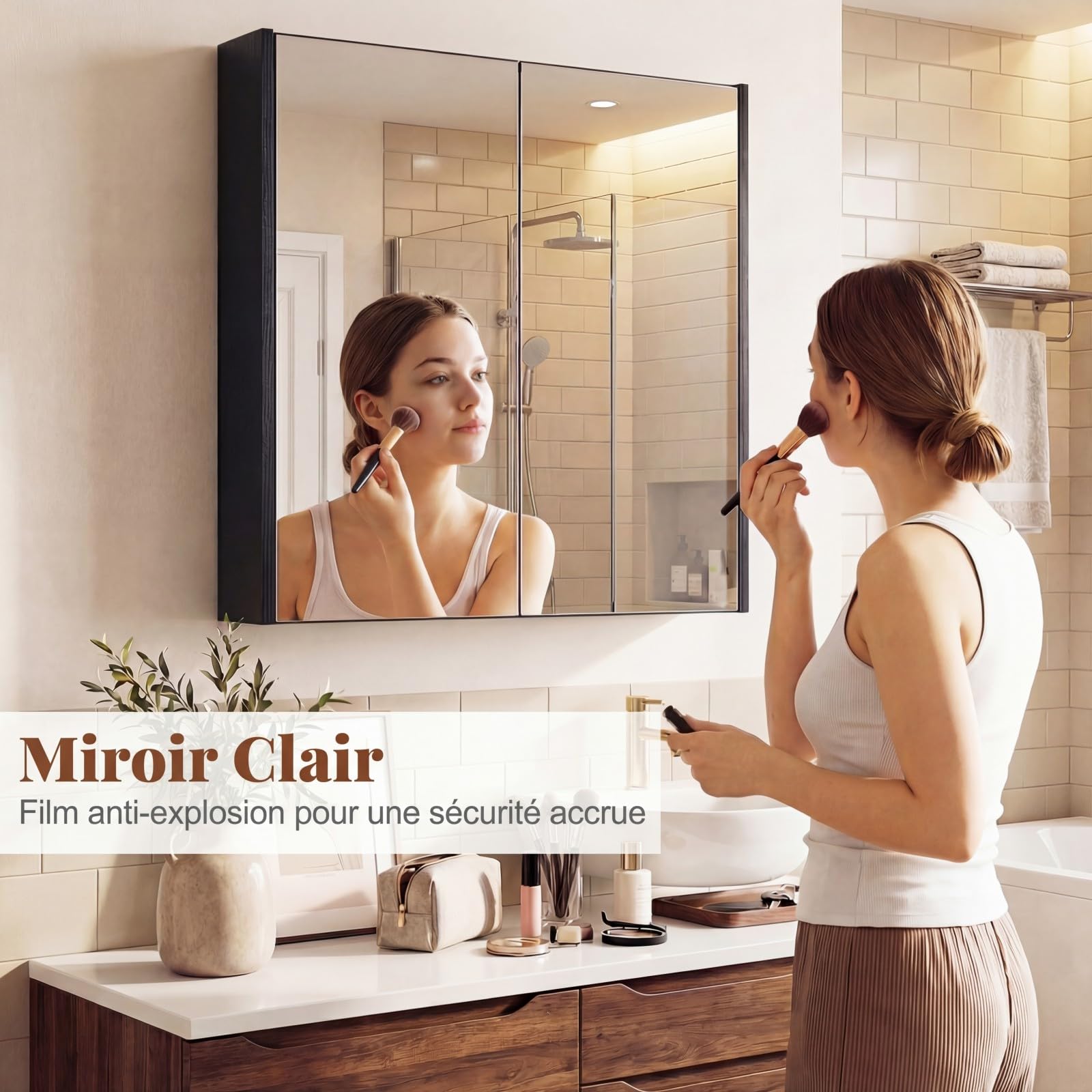 COSTWAY Armoire Murale Salle de Bain avec Miroir, 62 x 65 cm, Meuble Salle de Bain, Placard à 2 Niveaux, Installation en Saillie ou Encastrée, Gain de Place (Noir)