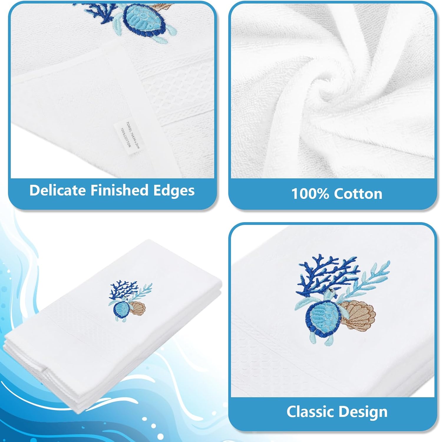 FYSUIMU 2Pcs Coastal Hand Towels for Bathroom Sea Turtle Seashell Cotton Towel 13.7 x 29.5 Inch Summer Ocean Beach Embroidered Soft Absorbent Bath Towel for Home Kitchen Bathroom Drying Cleaning