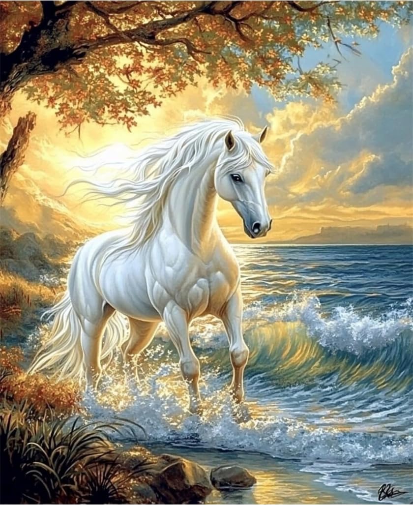 Fanzhezhe 11Ct Cross Stitch Kits，Count Counted Stamped Pre Printed Cross Stitch Embroidery Kits For Adults Beginners Starter Advanced Easy Crossstitch White Horse Of The Sea 40X50cm
