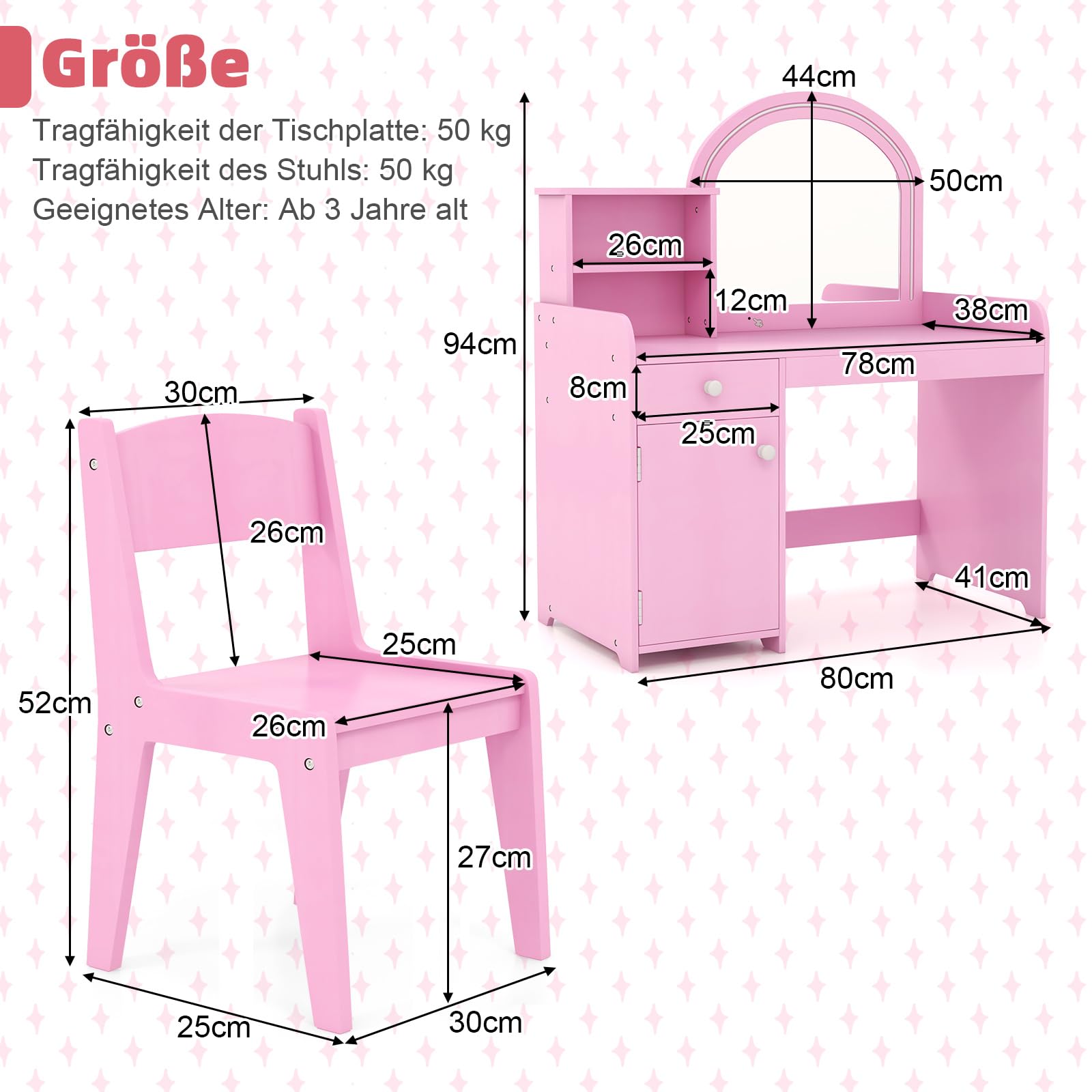 COSTWAY 2 in 1 Kinder Schminktisch Set, Frisertisch mit Hocker, LED-Leuchten, Spiegel, Schrank & Schublade, Kosmetiktisch Schminkkommde mädchen aus Holz für Kinder ab 3 Jahren (Rosa)