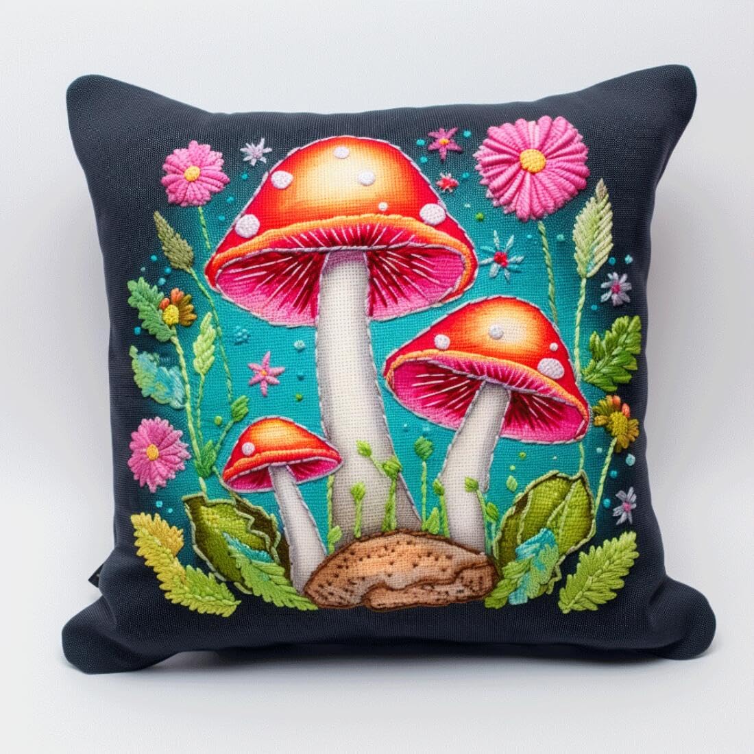 Henypt 9CT Cross Stitch Cushion Kits Mushrooms and Flowers DIY Cushion Embroidery Kit Needlepoint Handmade Needlework Cushions Kits Stitched Pillow Cover Set for Adults Beginners 50x50cm