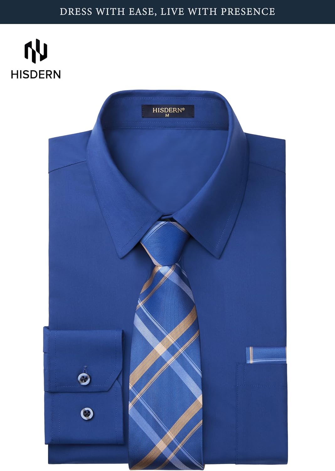 HISDERN 503 Mens Dress Shirt Slim Fit Long Sleeve Button Down Wrinkle Free Set with Tie Pocket Square Formal Business Wedding