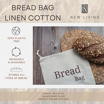 New Living 2 Pack Natural Linen Bread Bag | Organic Blend | Reusable Bread Bags | Food Storage Bag | 38x30 cm | Beige | Eco Bread Bag with Drawstring Closure