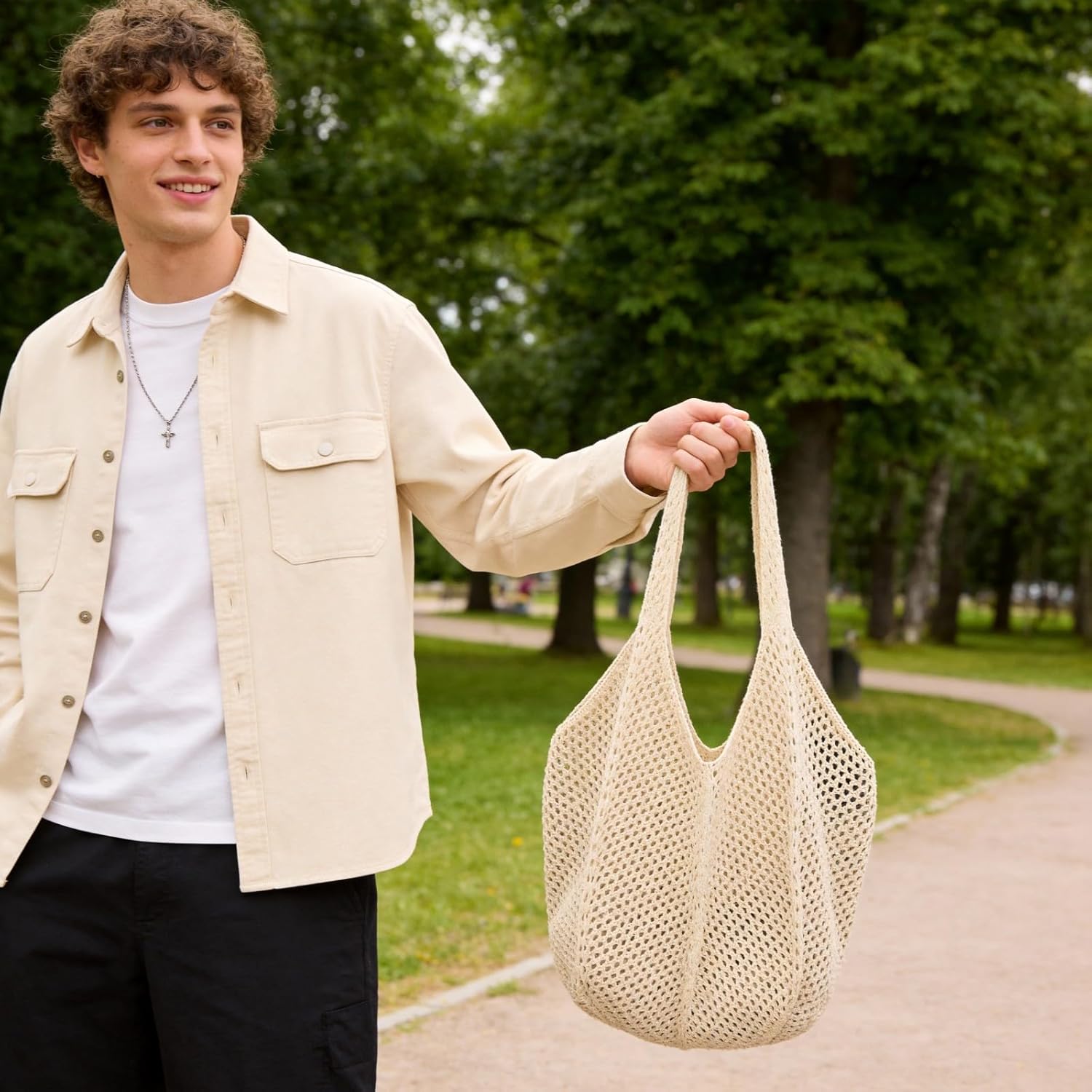 Women’s Solid Color Boho Crochet Tote Handbag, Handmade Woven Shoulder & Handbag, Lightweight Summer Knitted Purse