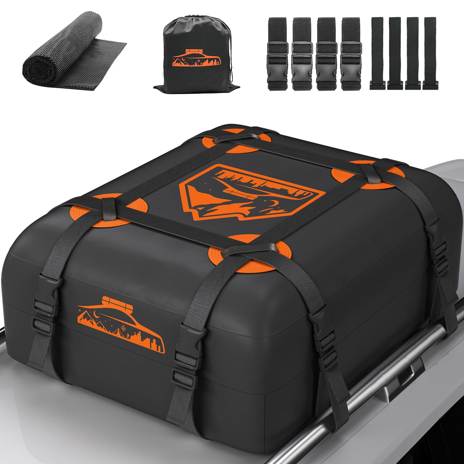 Rymopuey Dachbox Faltbar 15-21 Kubikmeter, 700D Wasserdicht Dachbox Auto, Dachbox mit Anti-Rutsch-Matte und 6 Hochleistung Riemen (20 Kubikmeter-Orange)