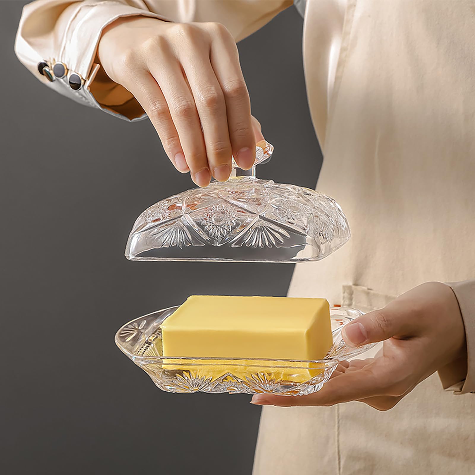 Plato de Mantequilla de Vidrio, Soporte para Mantequilla con Cuchillo de Mantequilla de Acero Inoxidable Recipiente para Mantequilla con Tapa Cubierta de Cristal para Pastel Queso