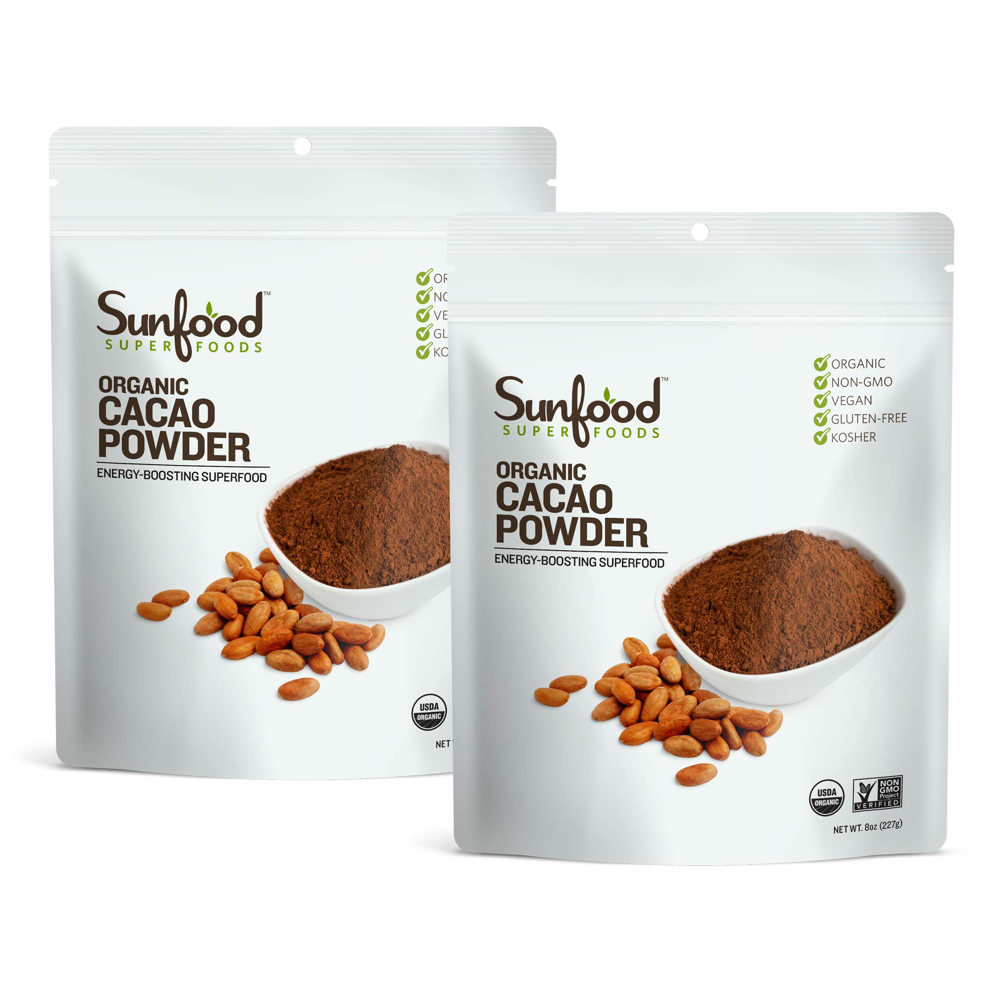 Cacao Powder Organic - Pure Raw Chocolate Powder for Baking, Rich & Unsweetened, Certified USDA Organic, Non-GMO, Vegan, Gluten Free, Earth Kosher - 8 oz Bag (Pack of 2)