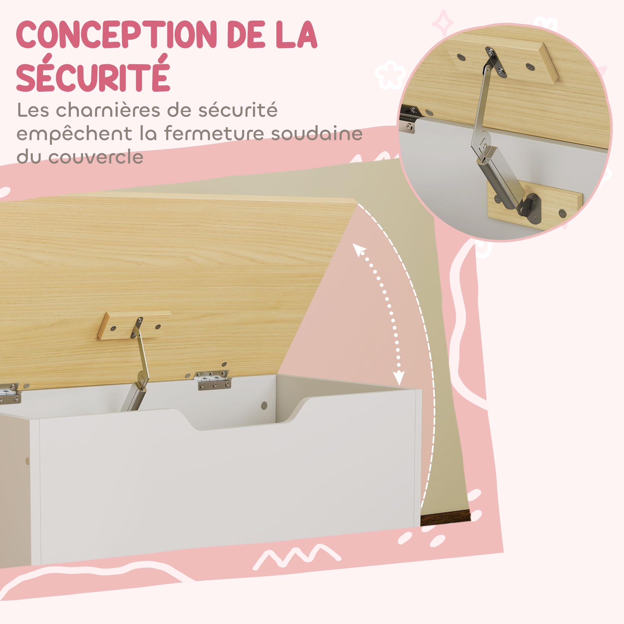 AIYAPLAY Kinderspielzeugtruhe auf Rollen, Kinderaufbewahrungsbox mit Klappdeckel, Sicherheitsscharniere, Spielzeugaufbewahrung für Mädchen und Jungen, 59 x 30 x 53 cm, weiß
