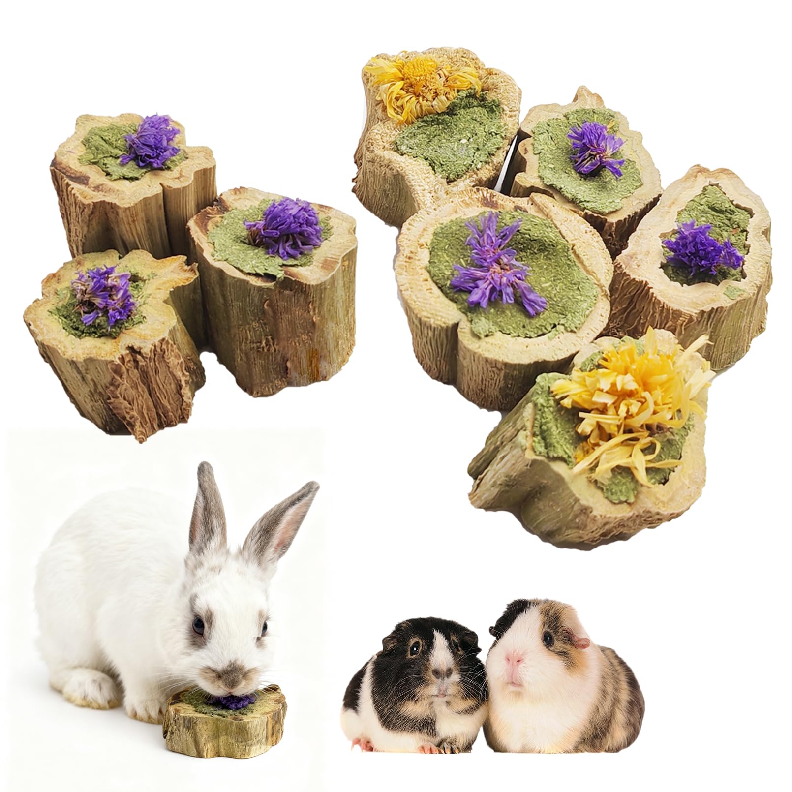 Natural Rabbit Chew Toys,Papaya Wood Sticks Organic Rabbit Treats with Timothy Hay Cakes and Dried Flower Rabbit Enrichment Toys for Guinea Pig Teeth Grinding (3.52 OZ / 100g)