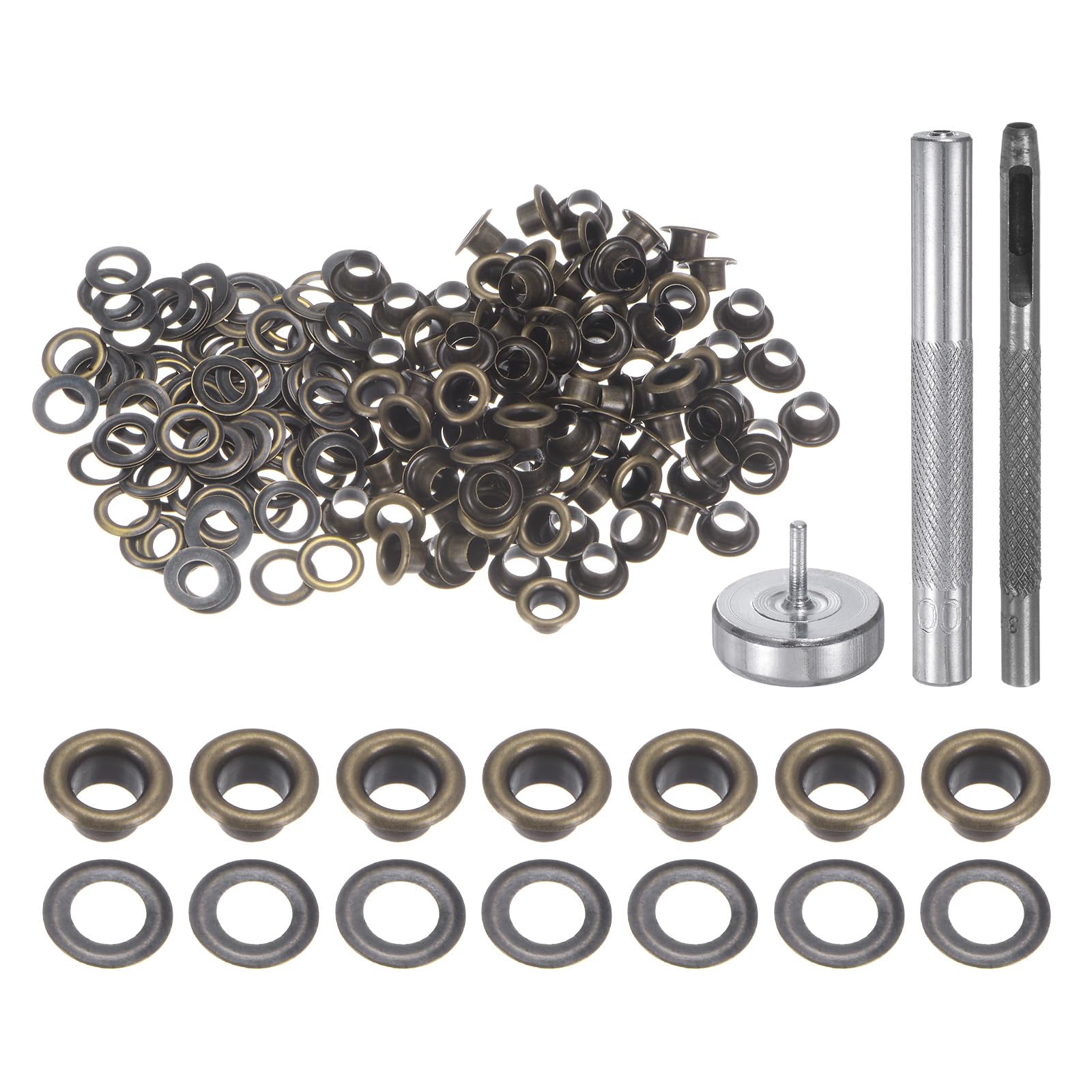 HARFINGTON Juego de 100 herramientas de ojales de cobre de 3,5 mm con perforador hueco, herramientas de ajuste de ojales para ropa, cinturón de tela de cuero, bronce