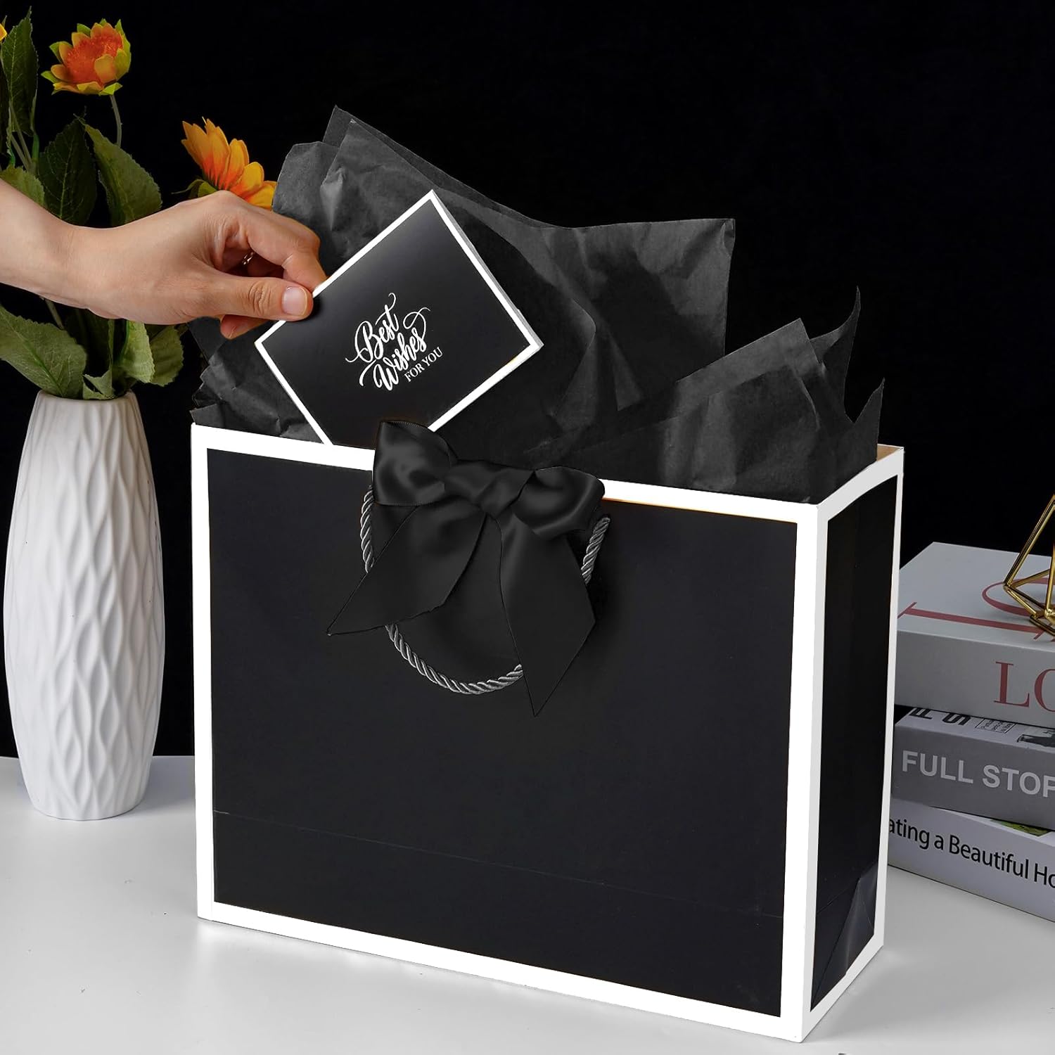 Plauthus Black Gift Bag with Ribbon, 13" Large Gift Bag with Handle, Greeting Card & 2 Tissue Paper（White Frame） Wrap Bag for Funeral Any Occasion - Image 2
