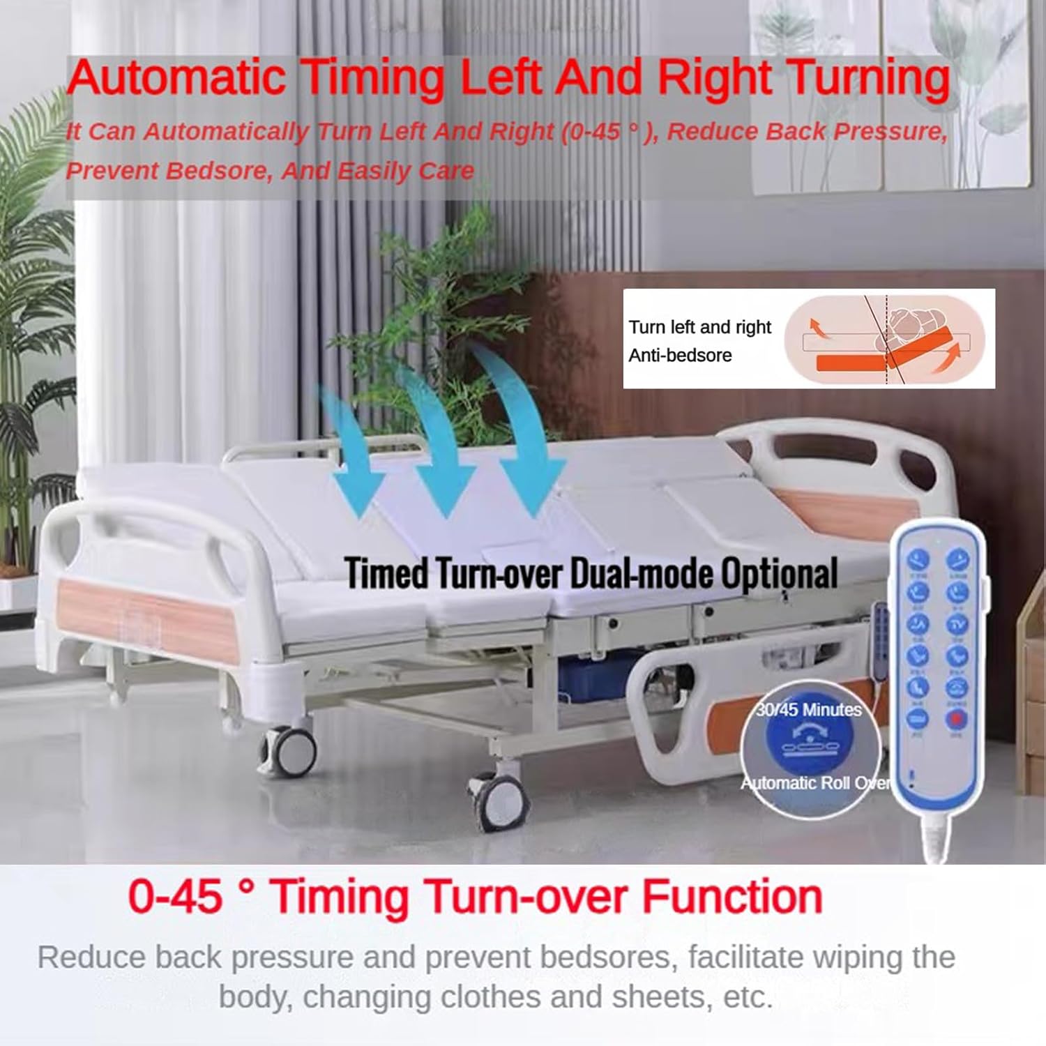 Premium 10 Function Full Electric Hospital Bed for Home Use, Innovative Automatic Side Rollover (0-45°), Medical Bed Includes Mattress, ABS Double Rails, Bedpan, Lift IV Pole, Remote Control