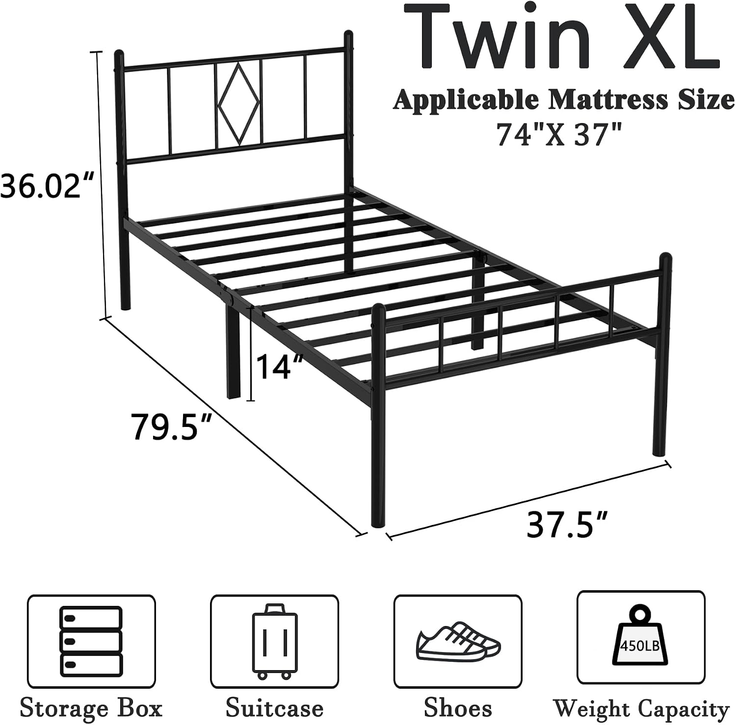 14 Inch Twin XL Size Bed Frames with Headboard/Footboard， Metal Slats Support No Box Spring Needed Easy to Assemble/Under Bed Storage Space/Twin XL Size Black