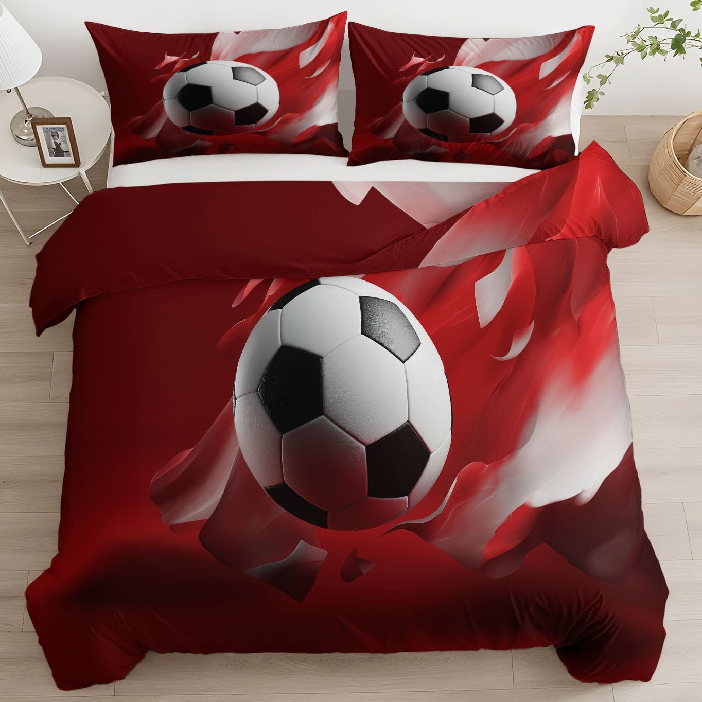 Housse de couette football microfibre anti-plis parure de lit rouge 200x200