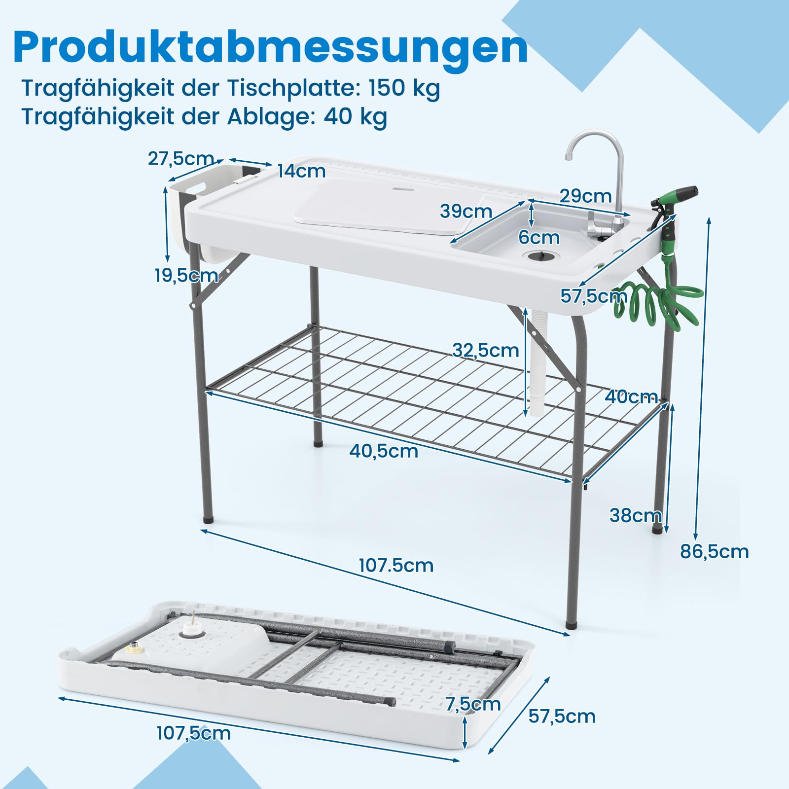 COSTWAY Opklapbare visreinigingstafel, filetietafel met gootsteen, roosterplank, kraan, sproeimondstuk, vuilniszakhouder en mesgleuf, campingtafel voor tuin, terras en vissen