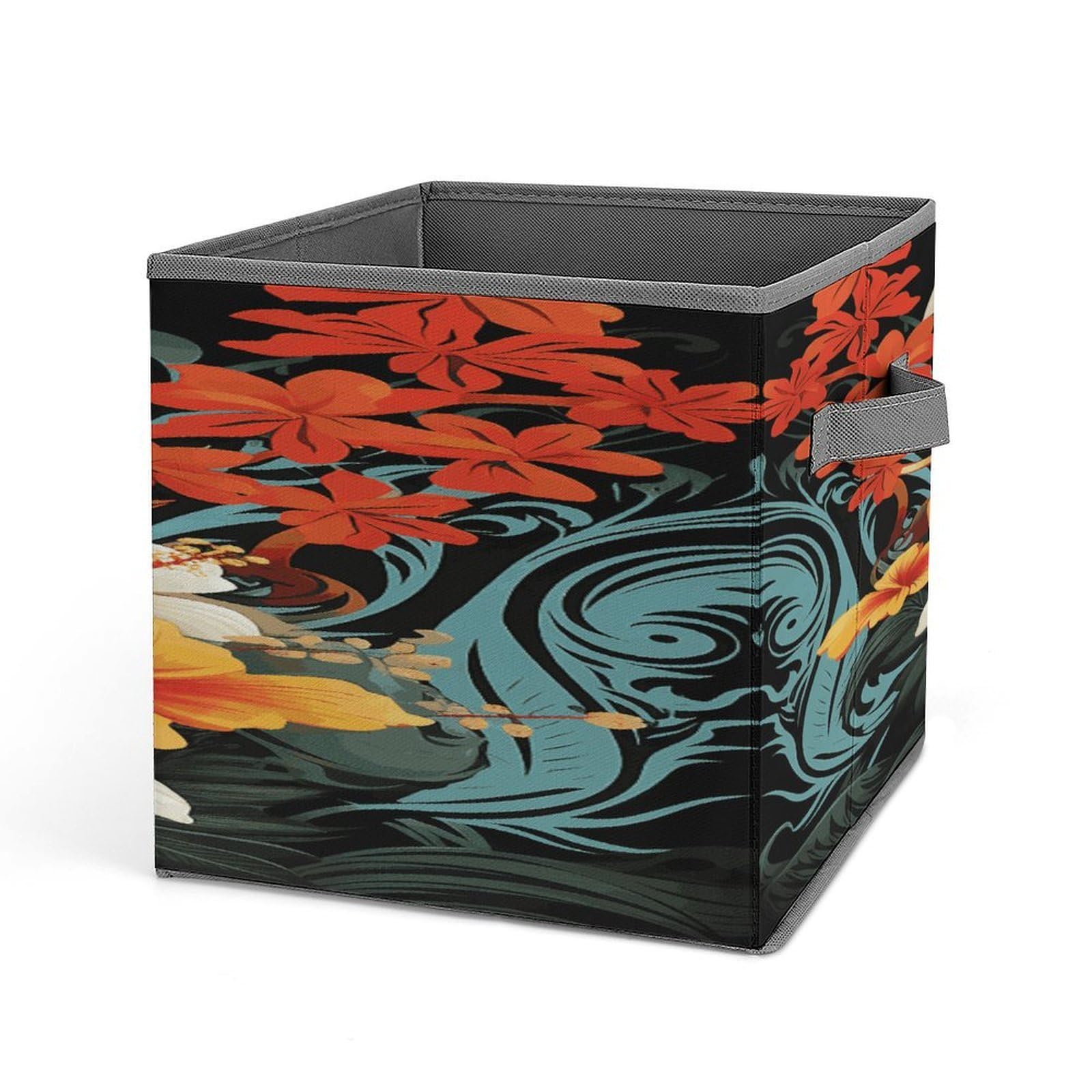 Fodpand Style Flowers And Hawaiian Tribal Patterns On Black Background Storage Cubes Foldable Decorative Fabric Storage Bins Baskets With Handles Closet Organizers And Storage For Home, Office,Closet, Clothes