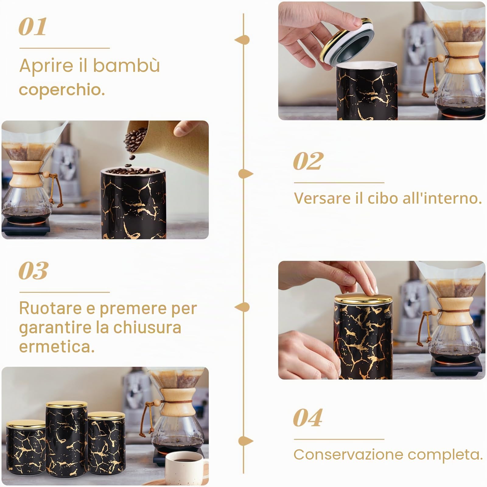 Set di Barattoli in Ceramica con Motivo Dorato per Piano di Lavoro della Cucina, Contenitori Alimentari con Scaffale a Ripiani, Contenitori Ermetici per Caffè, Zucchero e Sale
