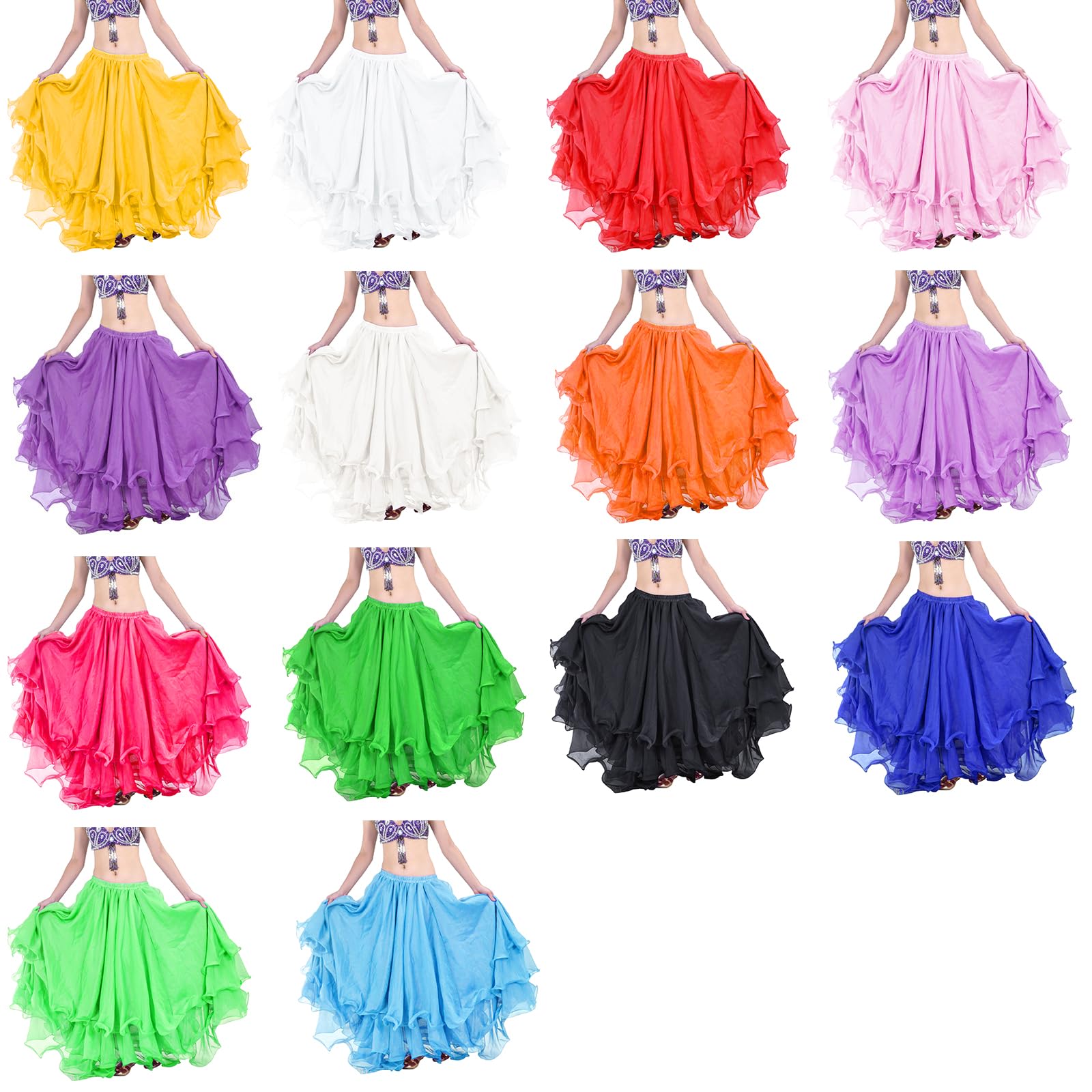 Gonna per danza del ventre in chiffon a 3 strati con orli arrotolati, leggera, svasata, in poliestere, costume da donna per danza del ventre