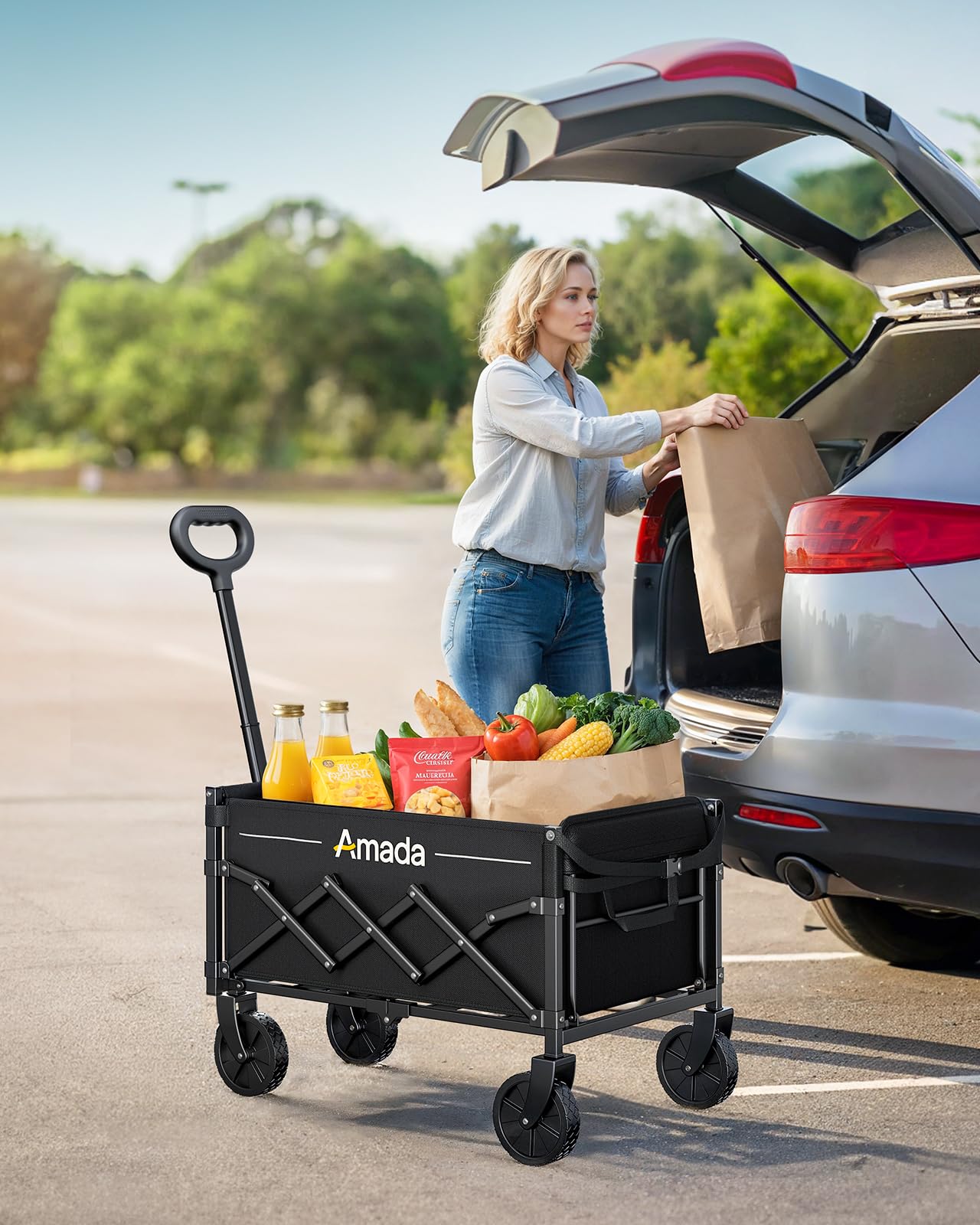 AMADA HOMEFURNISHING Carrello pieghevole, con carico massimo di 163 kg e stoccaggio espandibile, carrello pieghevole da 90L con 2 supporte tazze per all'aperto, alimentari, giardino e campeggio