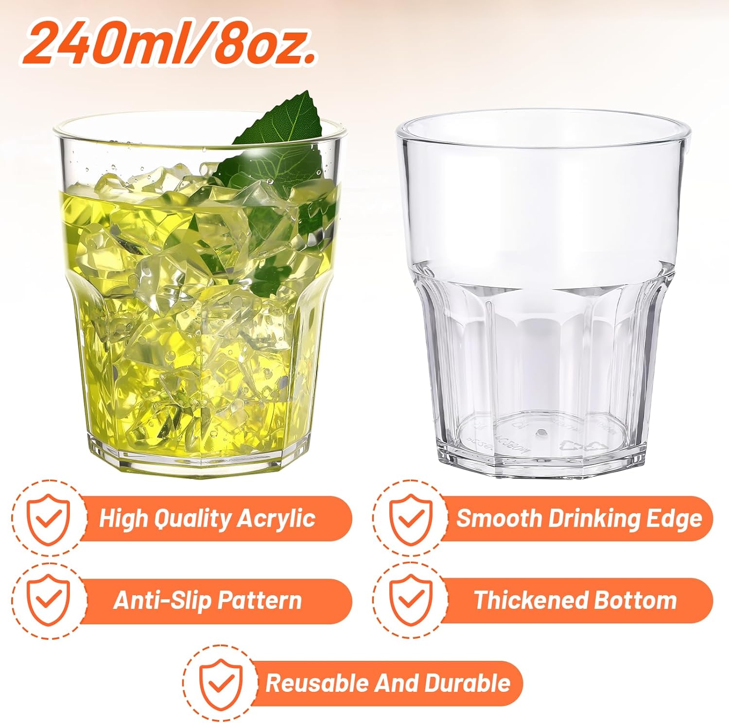 24 Pack Clear Plastic Drinking Glasses, 8 oz Shatterproof Stackable Reusable Water Cups, Unbreakable Tumblers for Juice, Water, Beverages, Coffee - Image 3