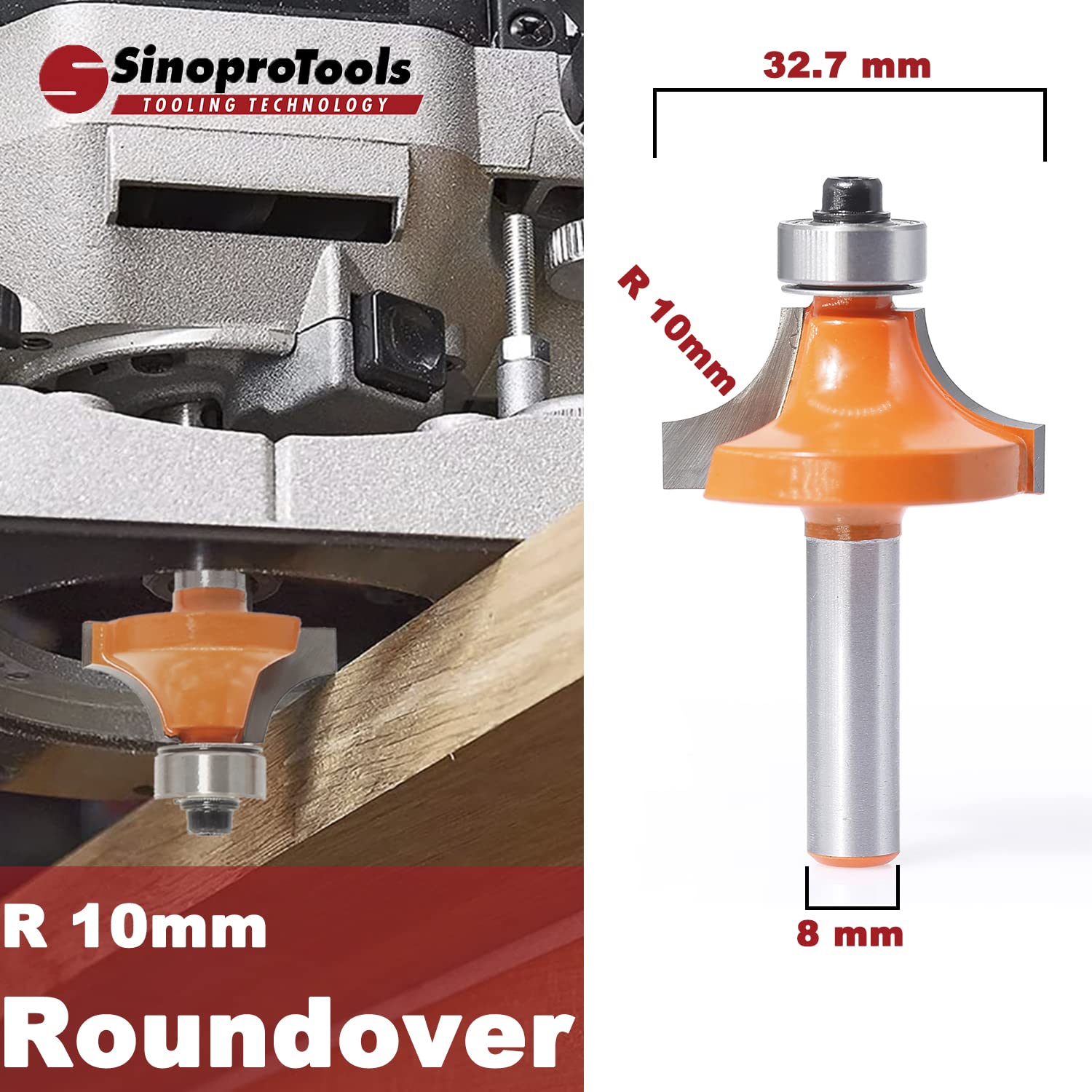 Fraise arrondie de 8 mm, fraise ronde standard rayon 10 mm, fraise arrondie avec roulement à billes, fraise arrondie pour fraiseuse à bord/table de fraisage (tige Ø 8 mm, R10)