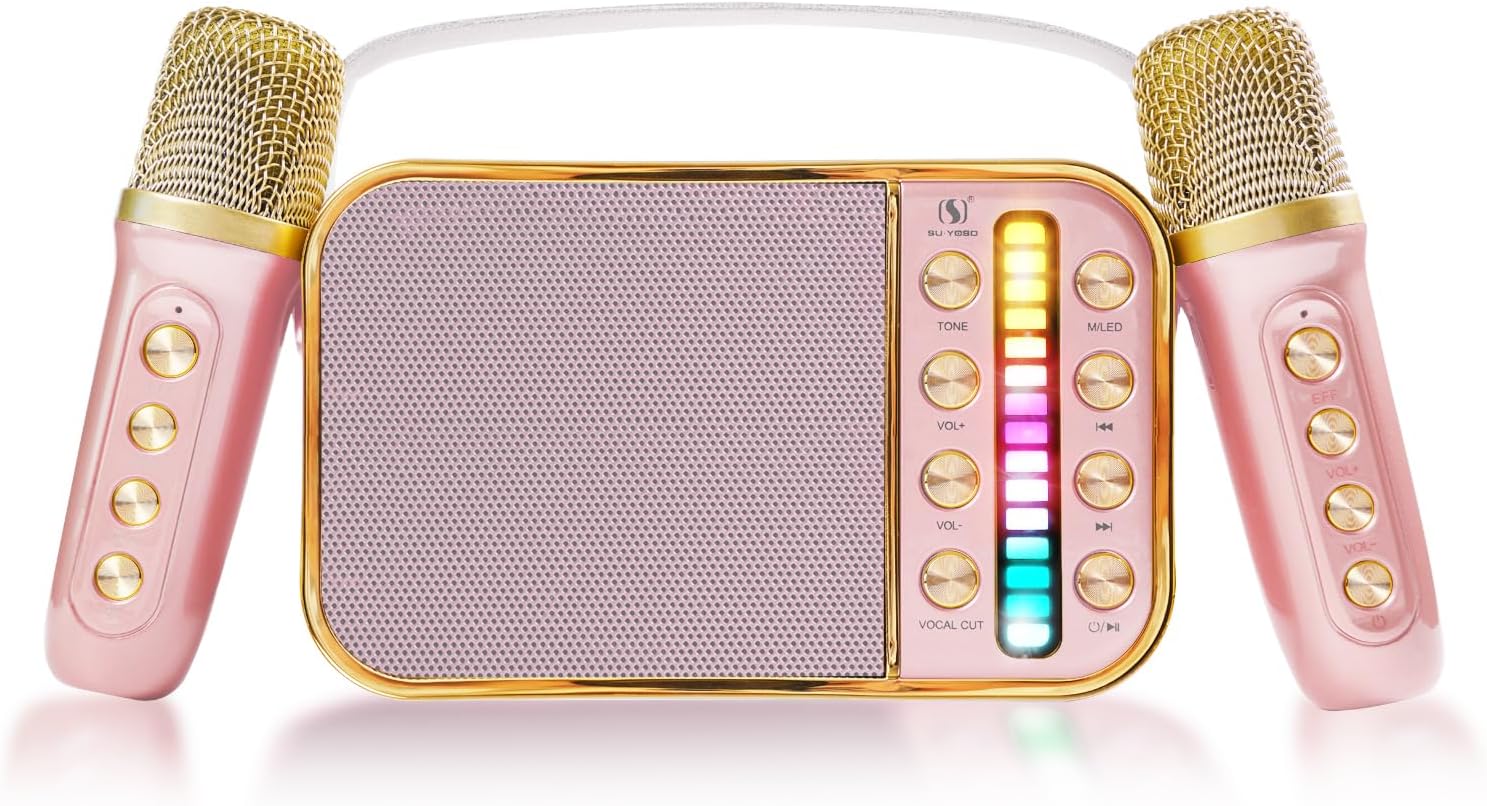 Mini Karaoke Machine for Kids & Adults, Karaoke Machine with 2 Microphones,Portable Handheld Microphone and Speaker Set,Retro Speaker System with Disco Light,Gifts Home Party KTV (Pink with 2MIC)