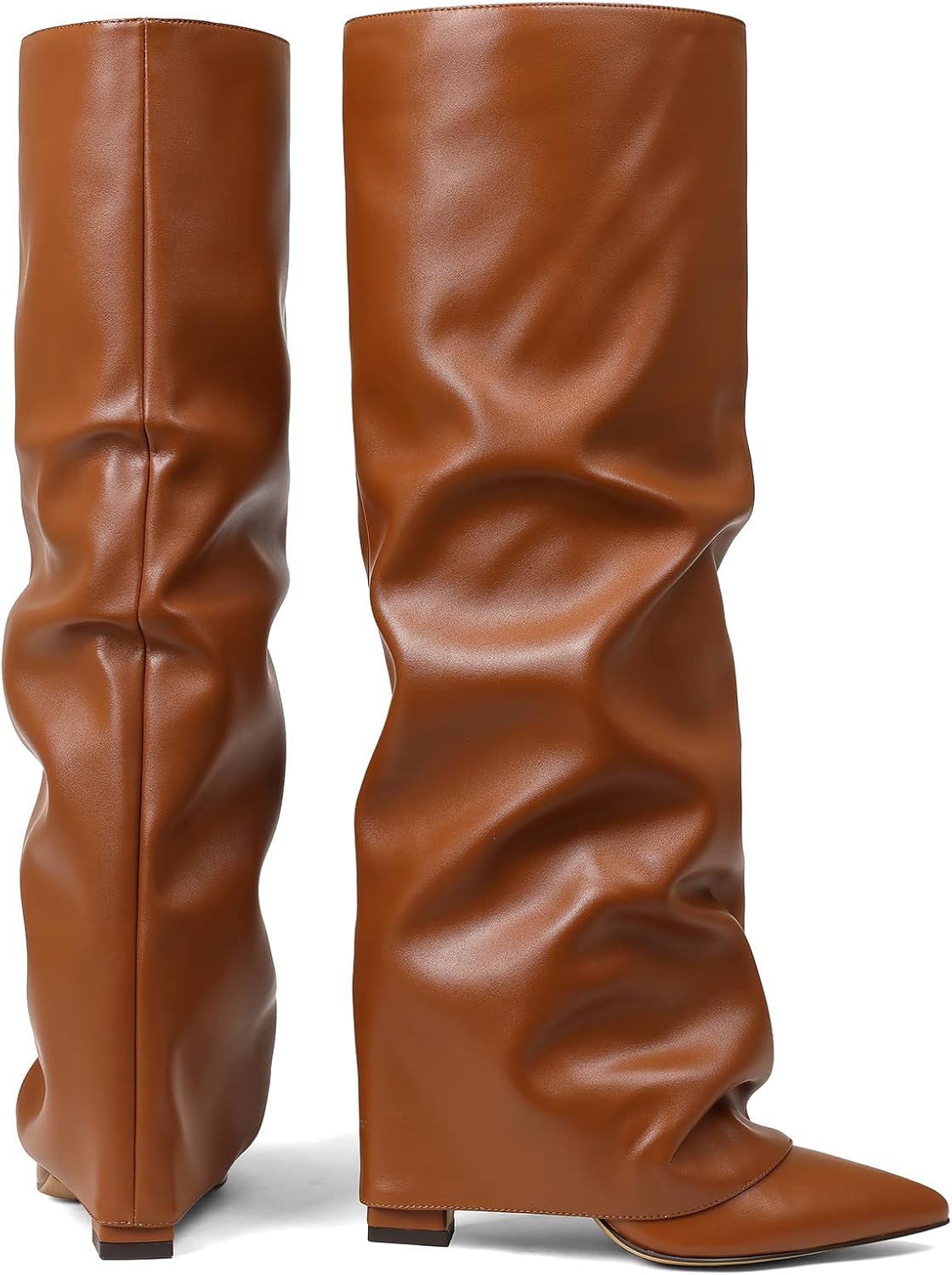 Synchoiss Womens Knee High Boots Wide Calf Chunky High Heel Boots Fashion Fold Over Boot Pointed Toe Winter Fall Tall Boots for Women Pull on Trendy - Image 7